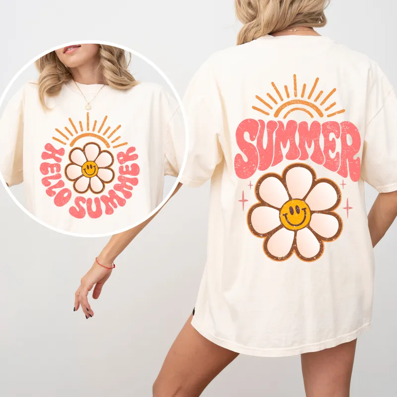 Hello Summer, Smiley Daisy, Beach, Fun, Front and Back, Comfort Colors T-Shirt sold by Refinery Number One