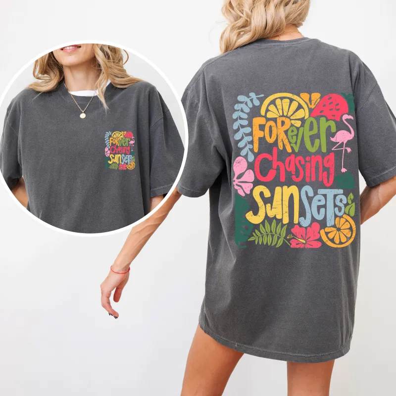 Forever Chasing Sunsets, Colorful, Flamingo, Beach, Summer, Comfort Colors T-Shirt sold by Refinery Number One