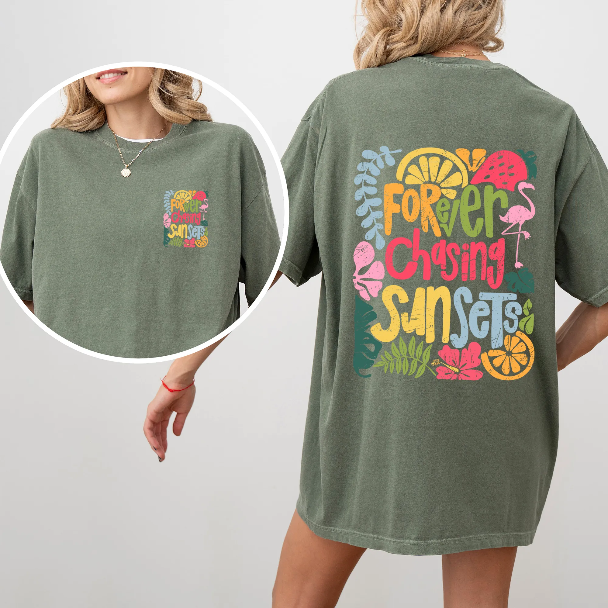 Forever Chasing Sunsets, Colorful, Flamingo, Beach, Summer, Comfort Colors T-Shirt sold by Refinery Number One product image thumbnail 4