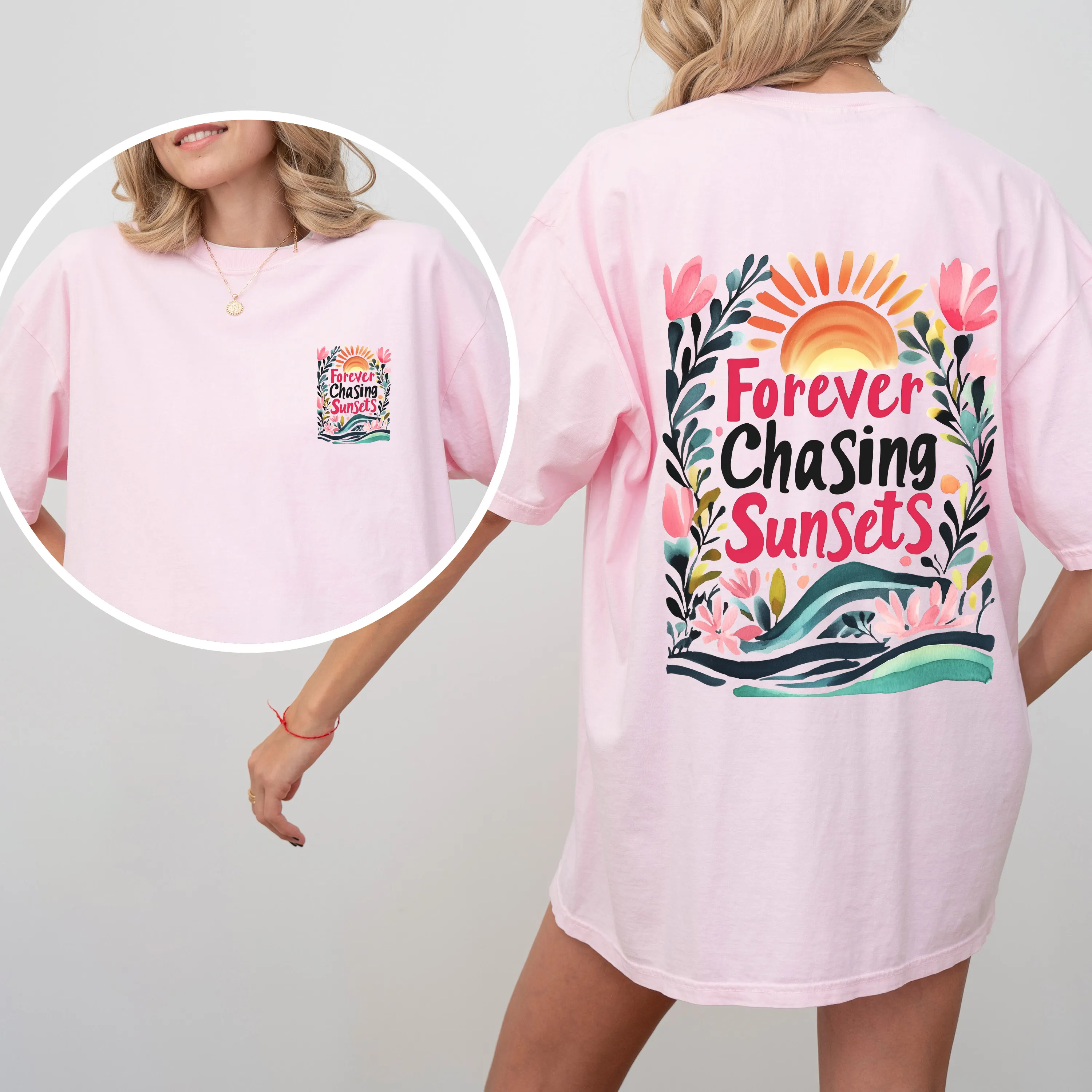 Forever Chasing Sunsets Beach Summer Flowers Botanical Front And Back Comfort Colors Tee sold by Refinery Number One product image thumbnail 5