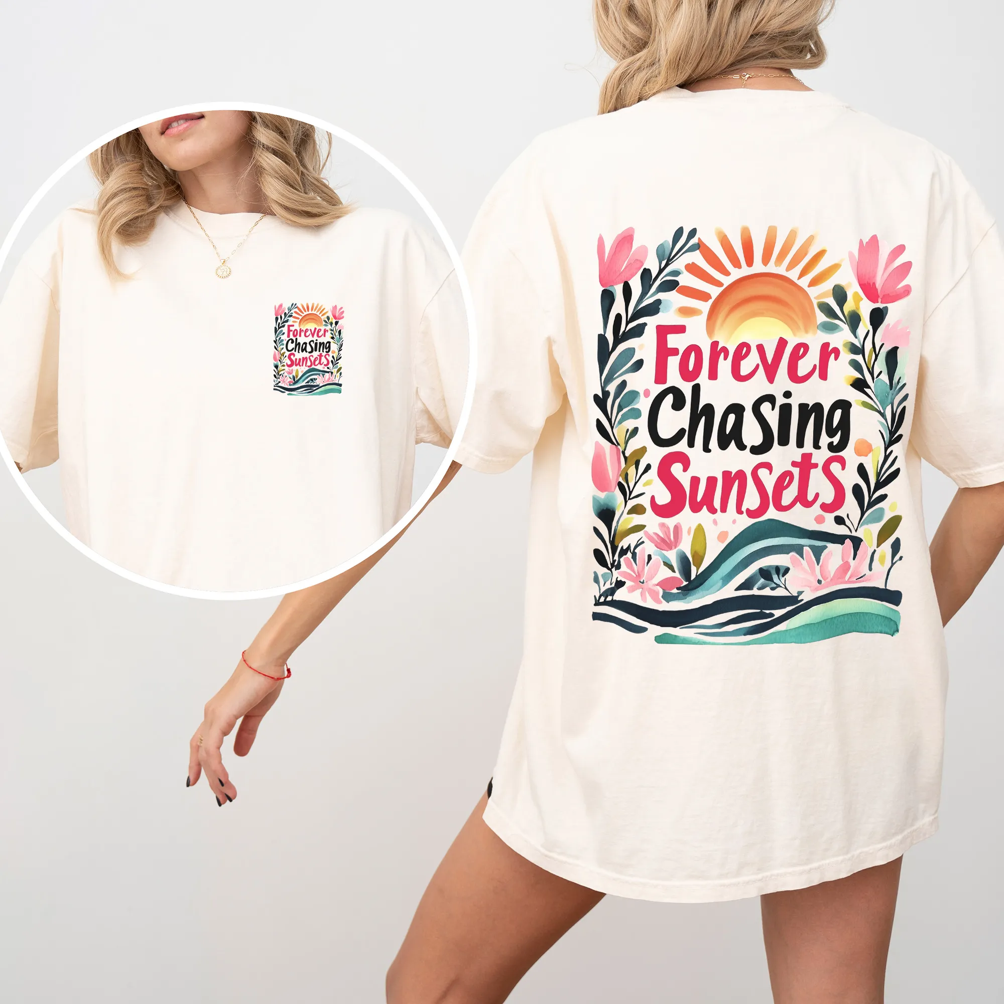 Forever Chasing Sunsets Beach Summer Flowers Botanical Front And Back Comfort Colors Tee sold by Refinery Number One product image thumbnail 4