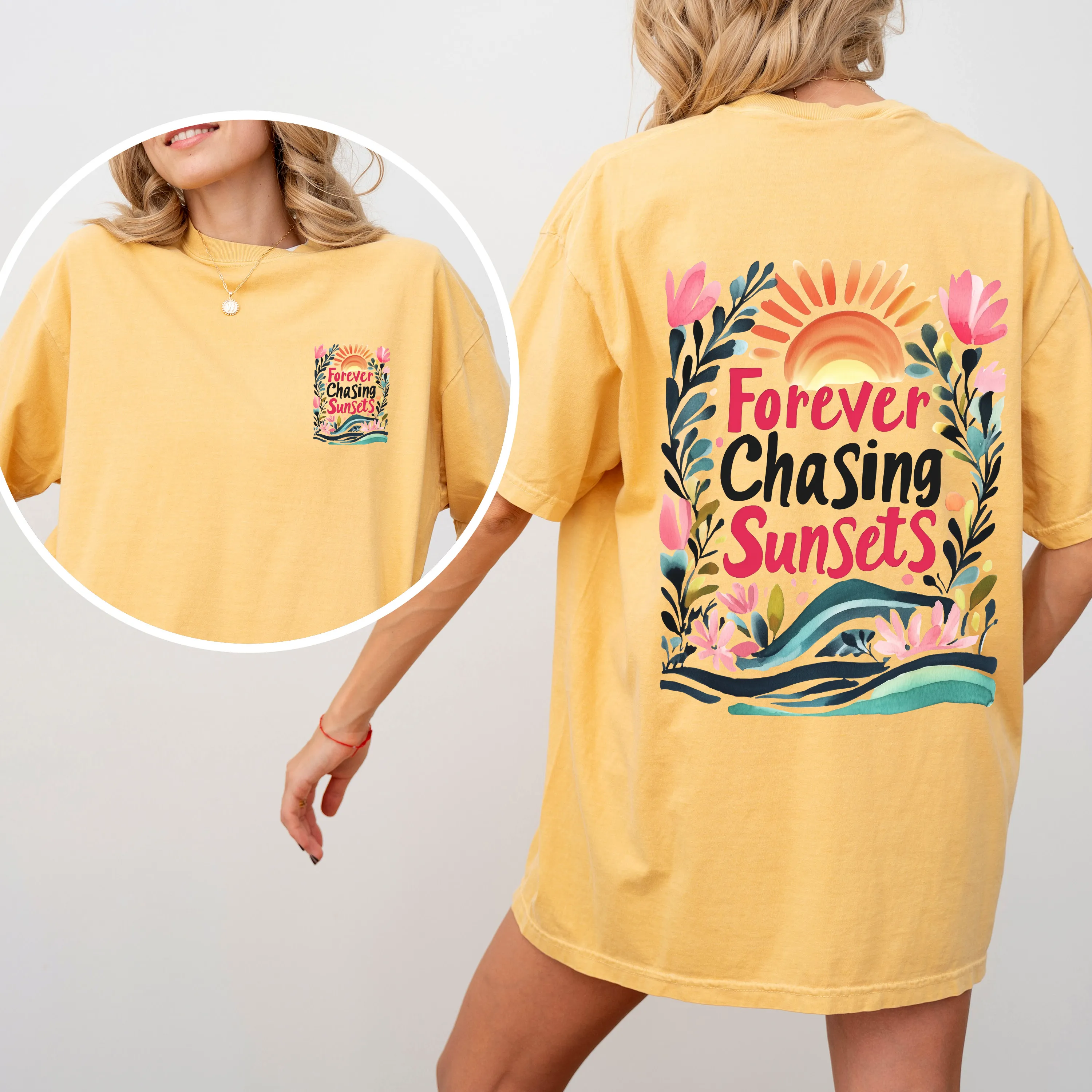 Forever Chasing Sunsets Beach Summer Flowers Botanical Front And Back Comfort Colors Tee sold by Refinery Number One product image thumbnail 2