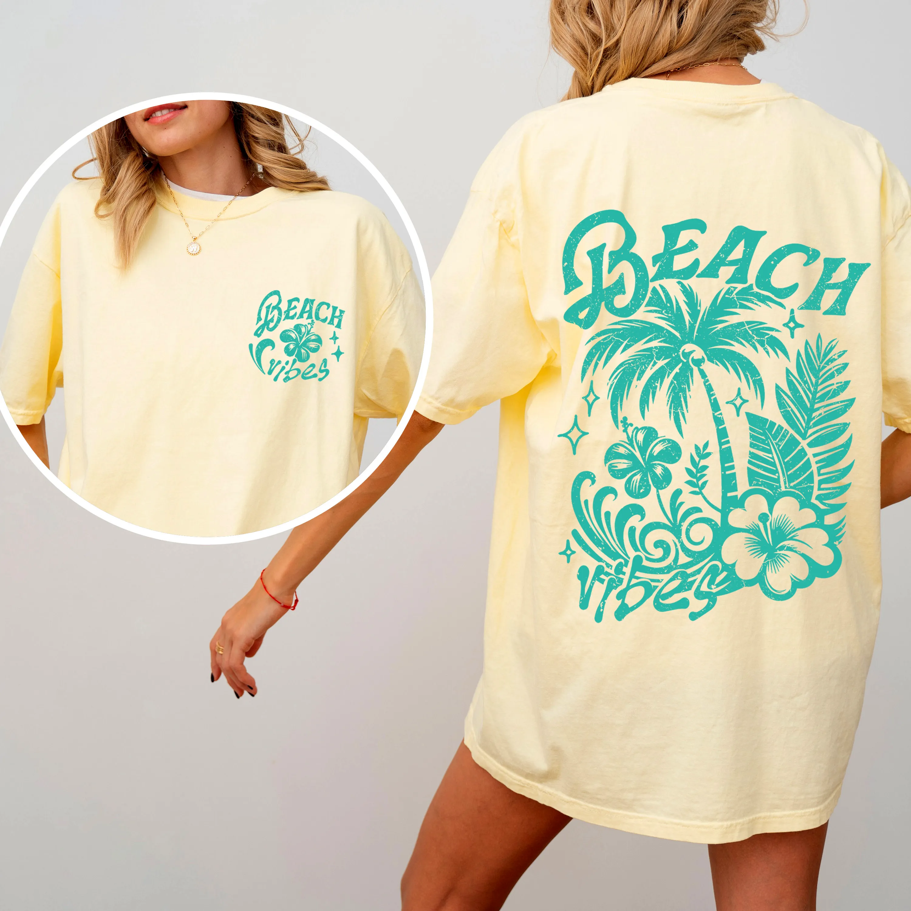 Beach Vibes, Flower, Blue, Summer, Front and Back, Retro, Hibiscus, Comfort Colors T-Shirt sold by Refinery Number One product image thumbnail 4