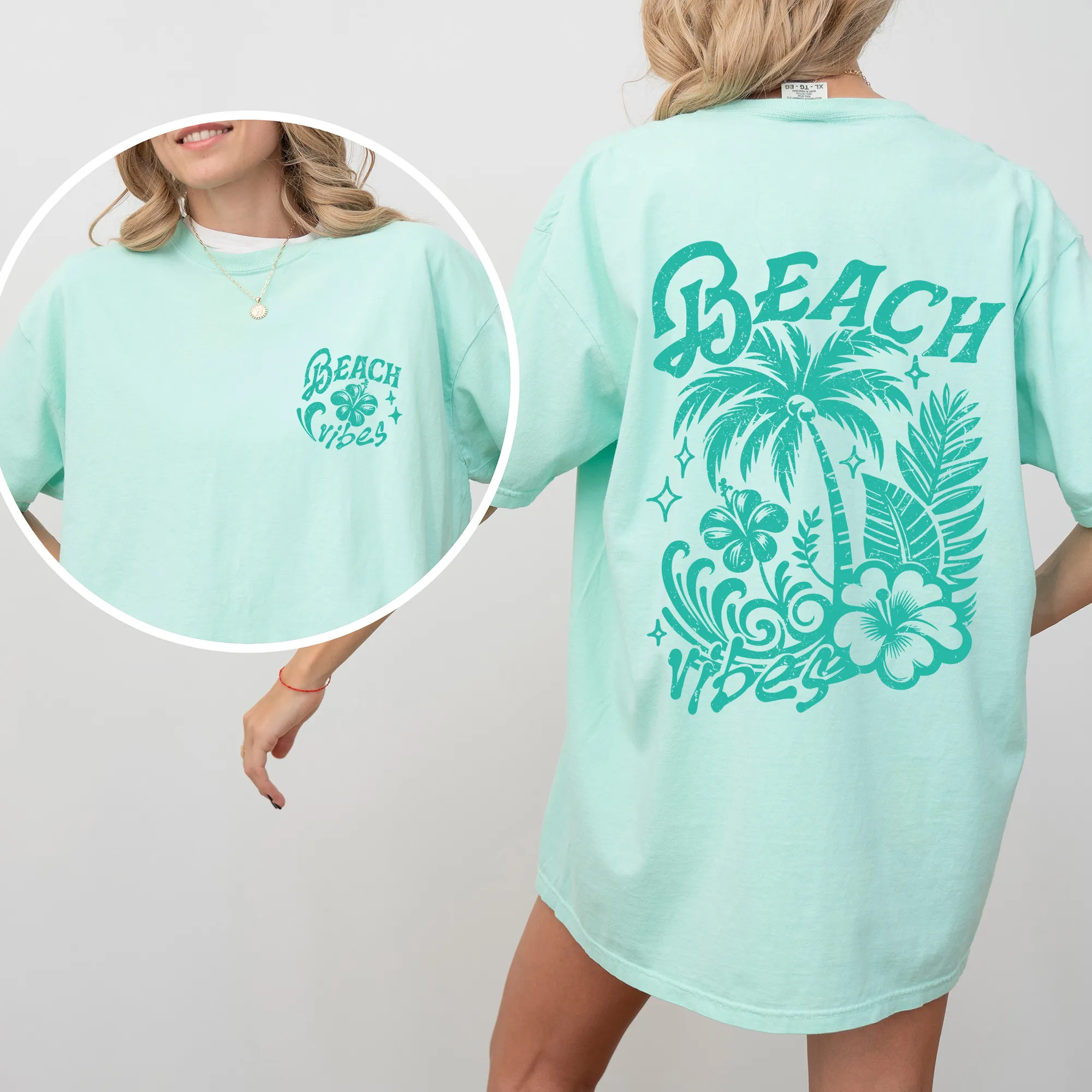 Beach Vibes, Flower, Blue, Summer, Front and Back, Retro, Hibiscus, Comfort Colors T-Shirt sold by Refinery Number One