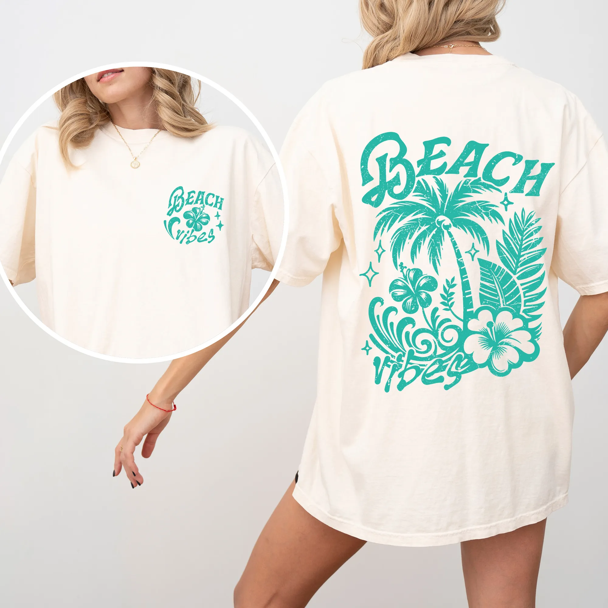 Beach Vibes, Flower, Blue, Summer, Front and Back, Retro, Hibiscus, Comfort Colors T-Shirt sold by Refinery Number One product image thumbnail 2