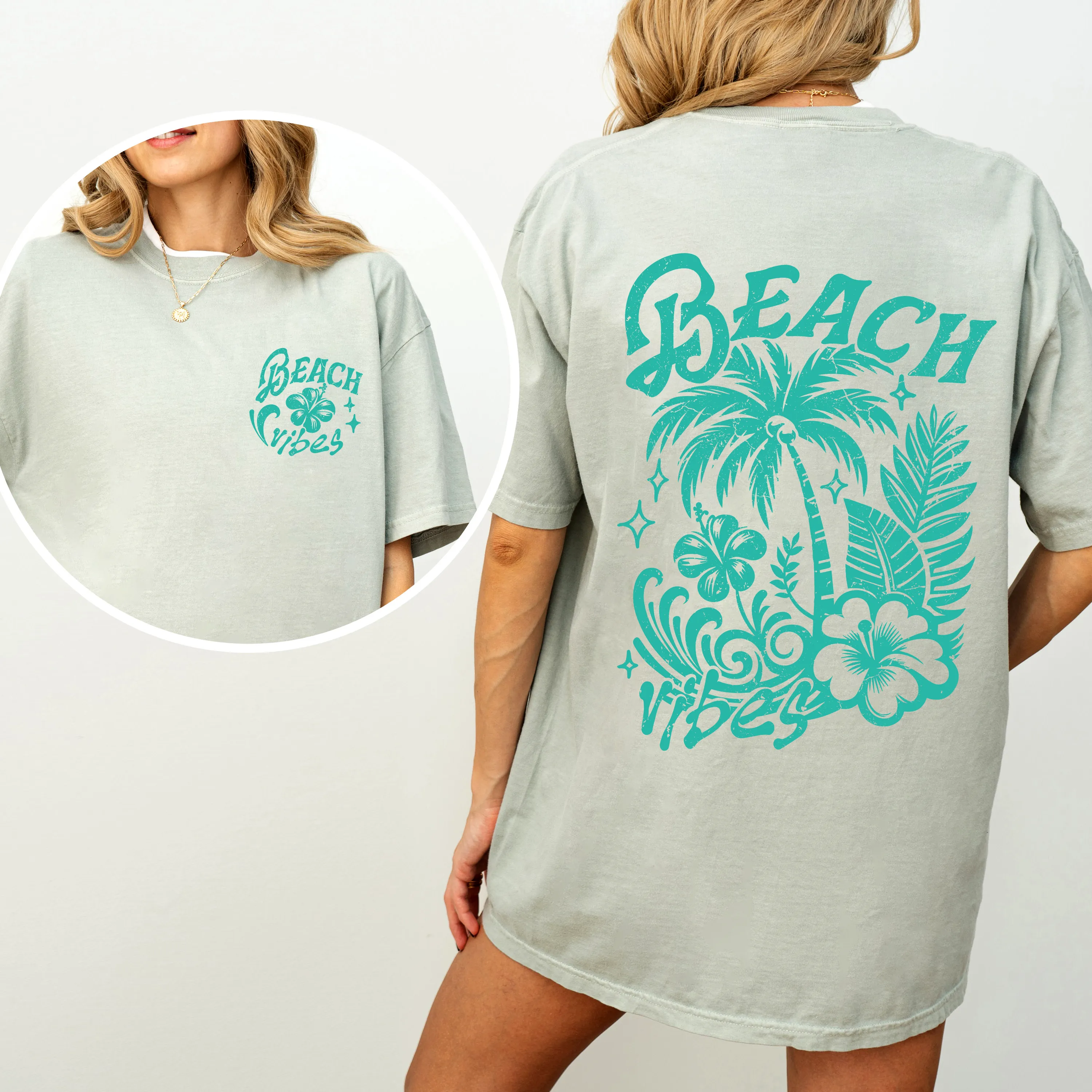 Beach Vibes, Flower, Blue, Summer, Front and Back, Retro, Hibiscus, Comfort Colors T-Shirt sold by Refinery Number One product image thumbnail 5