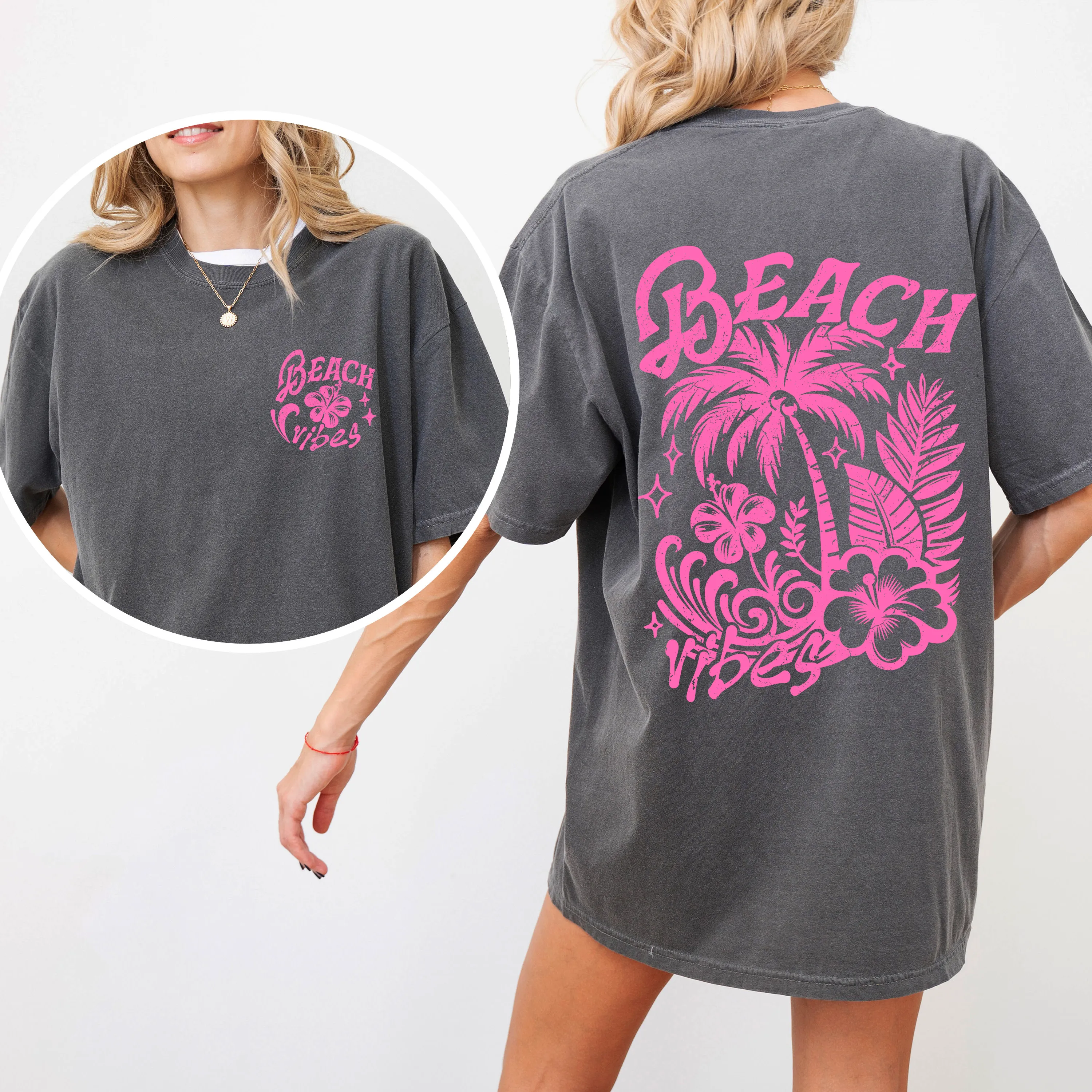 Beach Vibes, Flower, Pink, Summer, Front and Back, Retro, Hibiscus, Comfort Colors T-Shirt sold by Refinery Number One product image thumbnail 4