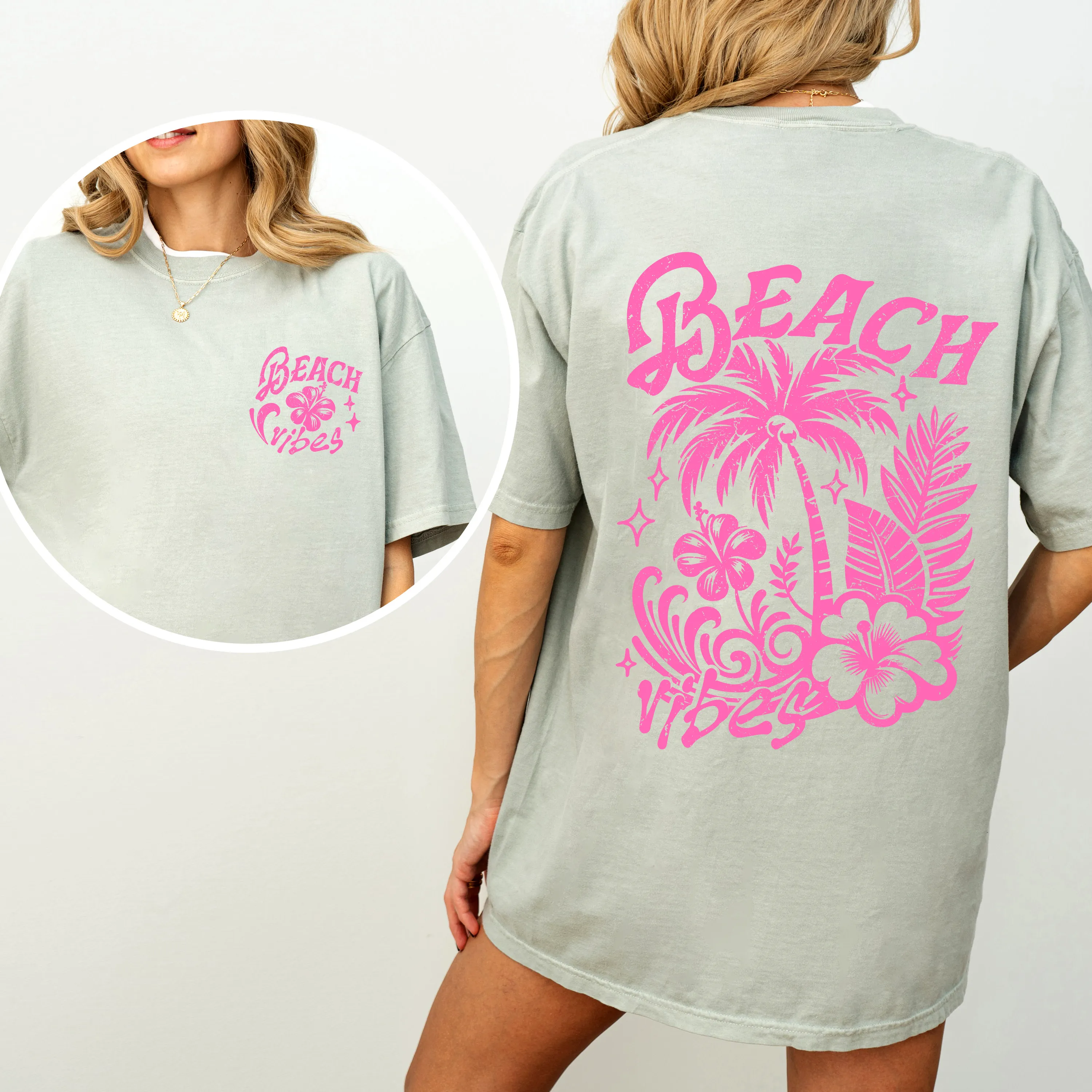 Beach Vibes, Flower, Pink, Summer, Front and Back, Retro, Hibiscus, Comfort Colors T-Shirt sold by Refinery Number One product image thumbnail 5
