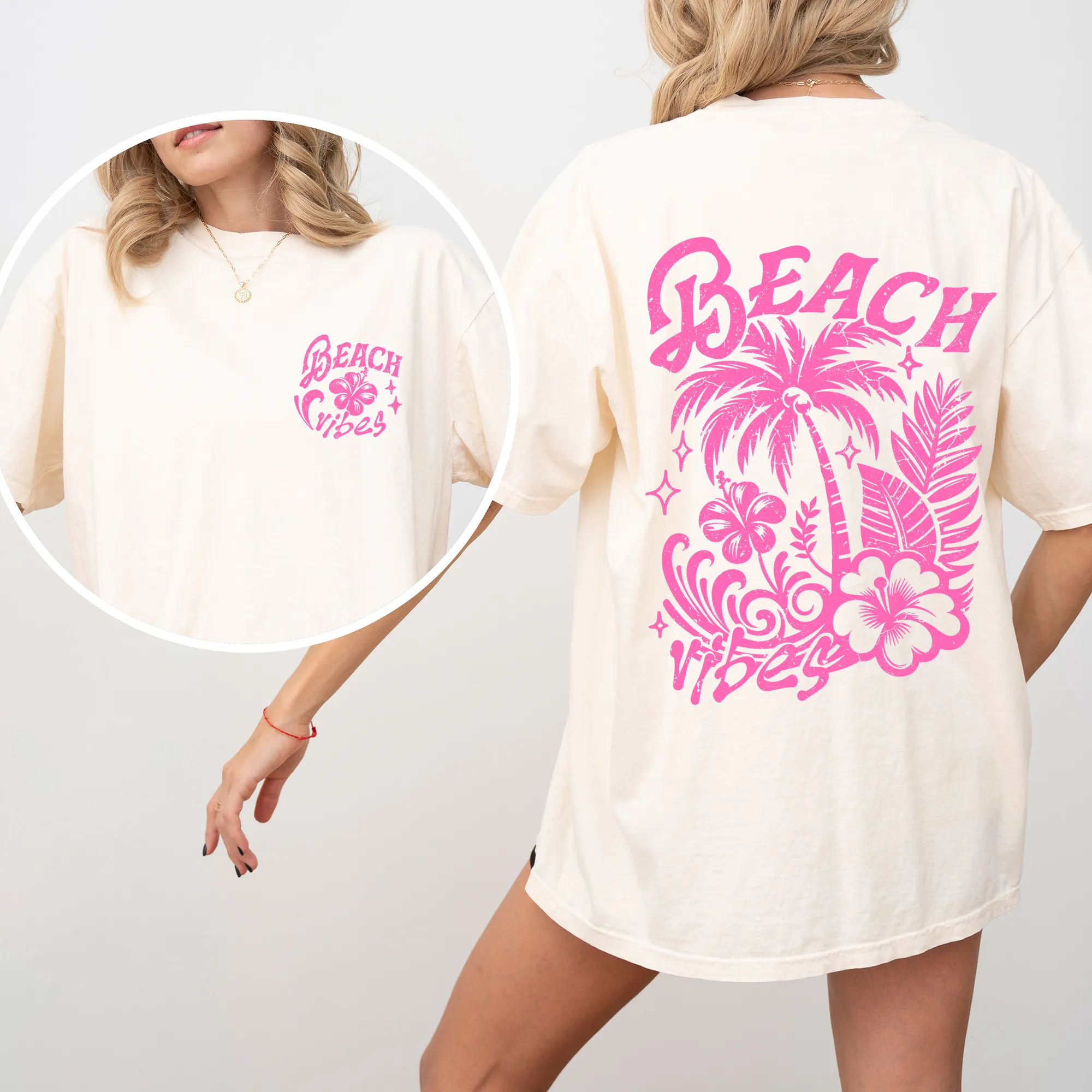 Beach Vibes, Flower, Pink, Summer, Front and Back, Retro, Hibiscus, Comfort Colors T-Shirt sold by Refinery Number One product image thumbnail 2