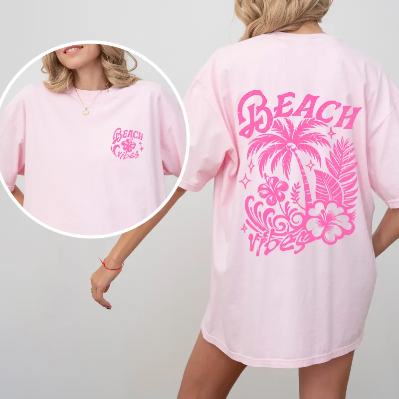 Beach Vibes, Flower, Pink, Summer, Front and Back, Retro, Hibiscus, Comfort Colors T-Shirt sold by Refinery Number One