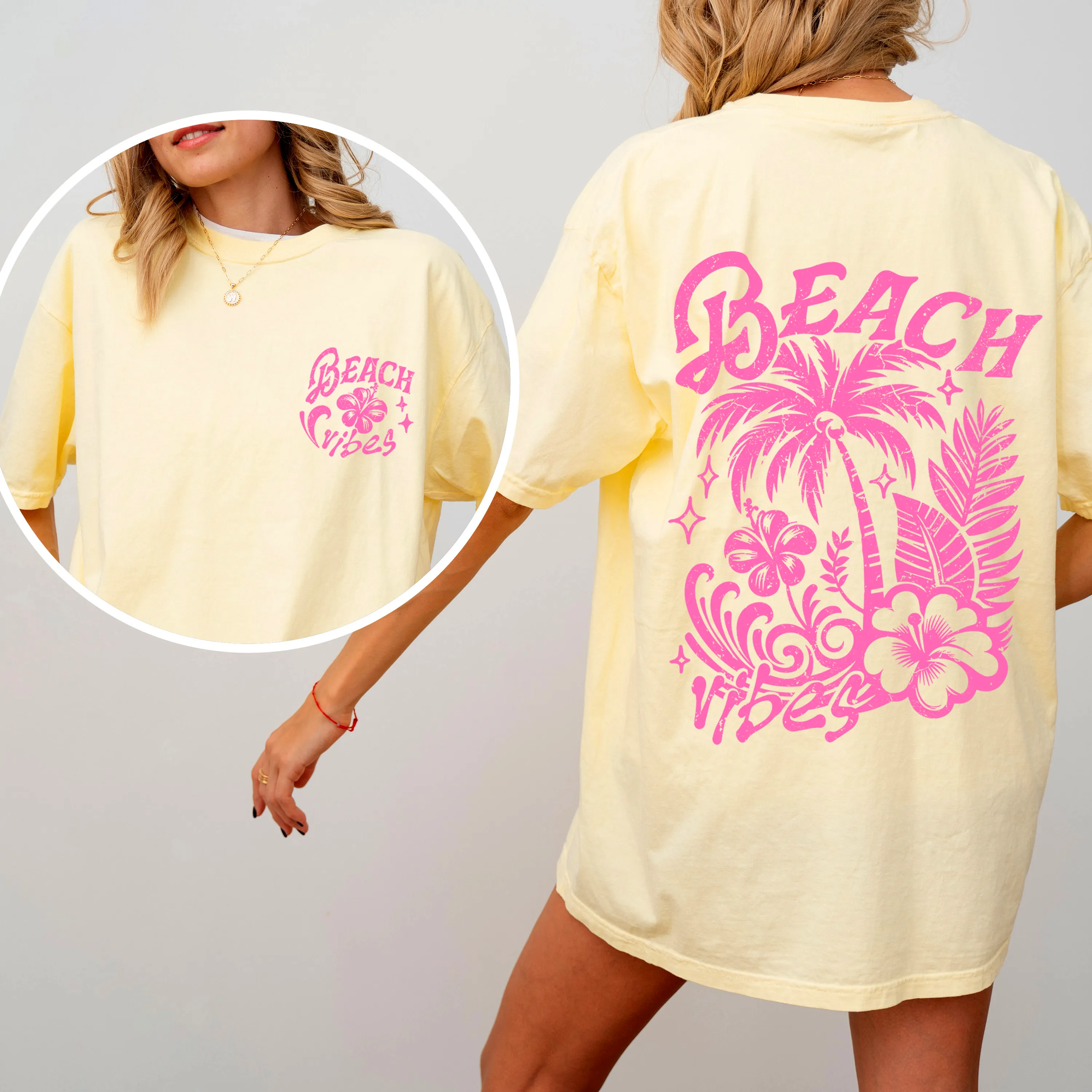 Beach Vibes, Flower, Pink, Summer, Front and Back, Retro, Hibiscus, Comfort Colors T-Shirt sold by Refinery Number One product image thumbnail 3
