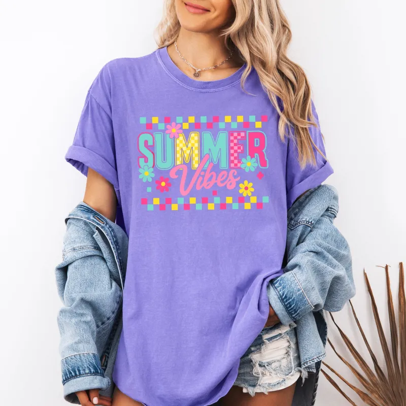 Summer Vibes, Checkered, Retro, Yellow, Flowers, Floral, Comfort Colors T-Shirt sold by Refinery Number One