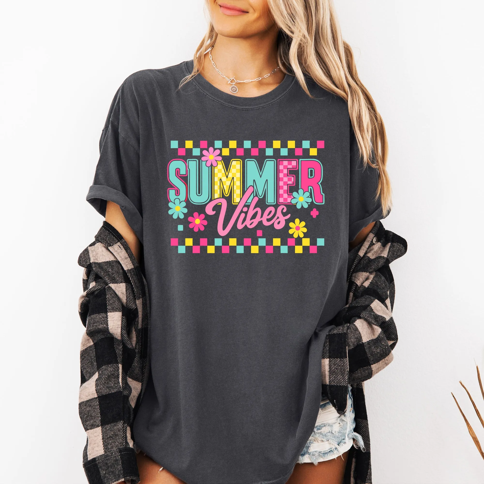 Summer Vibes, Checkered, Retro, Yellow, Flowers, Floral, Comfort Colors T-Shirt sold by Refinery Number One product image thumbnail 3