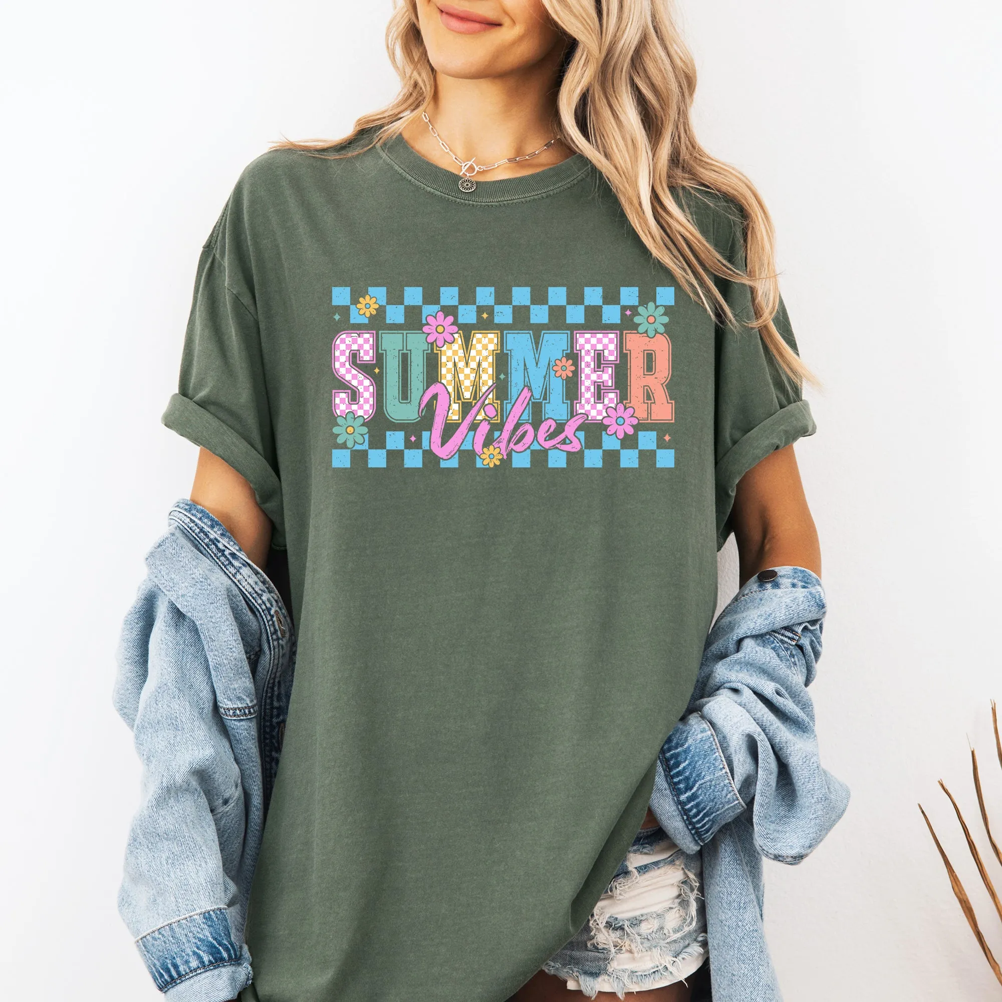 Summer Vibes, Checkered, Retro, Flowers, Floral, Comfort Colors T-Shirt sold by Refinery Number One product image thumbnail 3