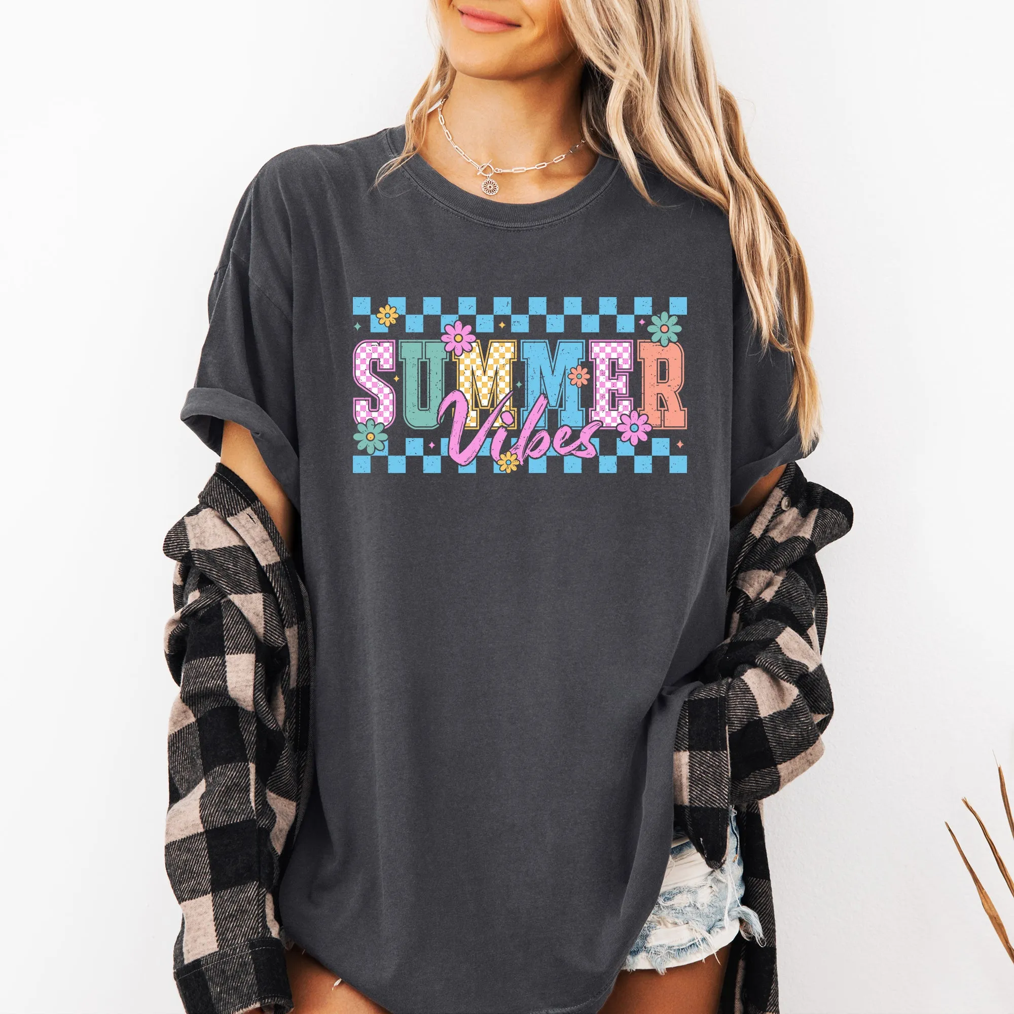 Summer Vibes, Checkered, Retro, Flowers, Floral, Comfort Colors T-Shirt sold by Refinery Number One product image thumbnail 2