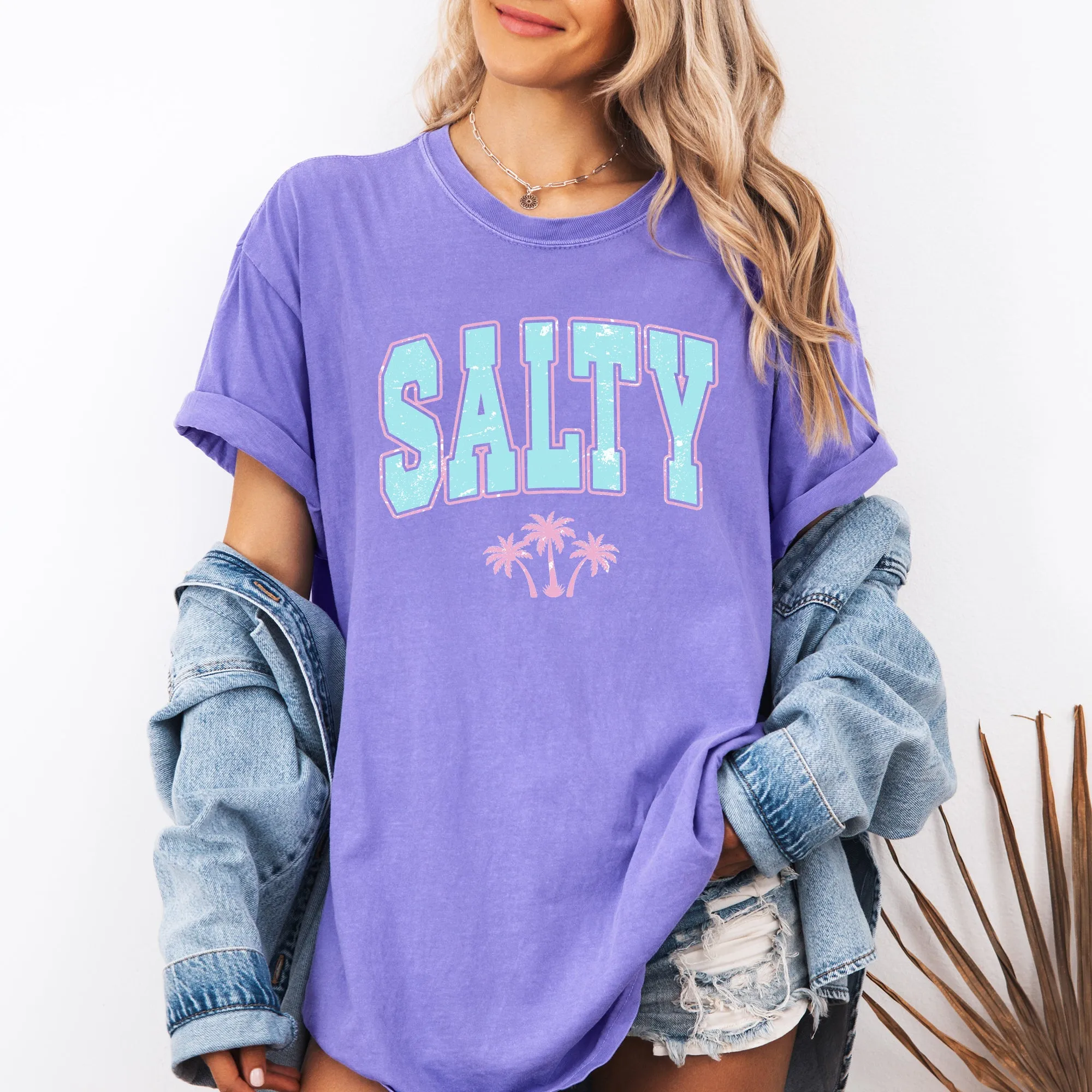 Salty, Varsity, Palm Trees, Summer, Beach Comfort Colors T-Shirt sold by Refinery Number One