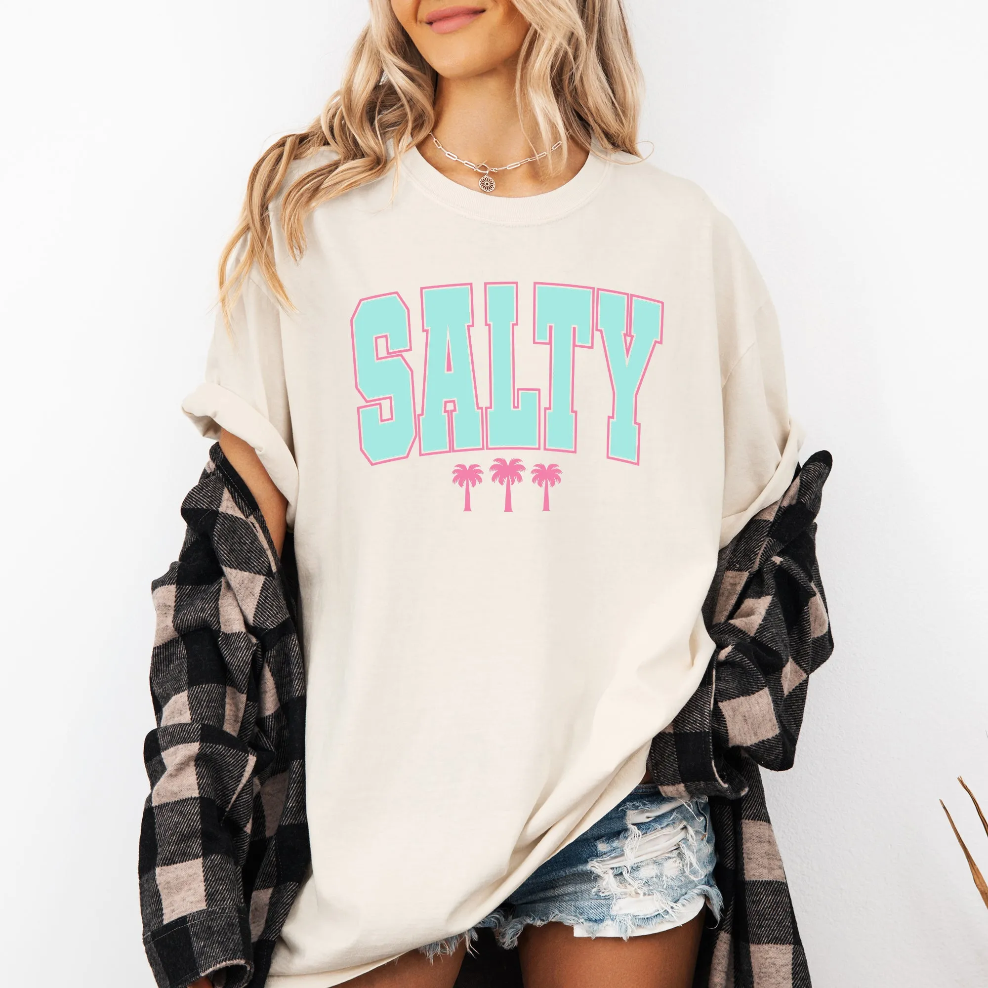 Salty, Palm Trees, Retro, Varsity, Summer, Beach, Comfort Colors T-Shirt sold by Refinery Number One product image thumbnail 4