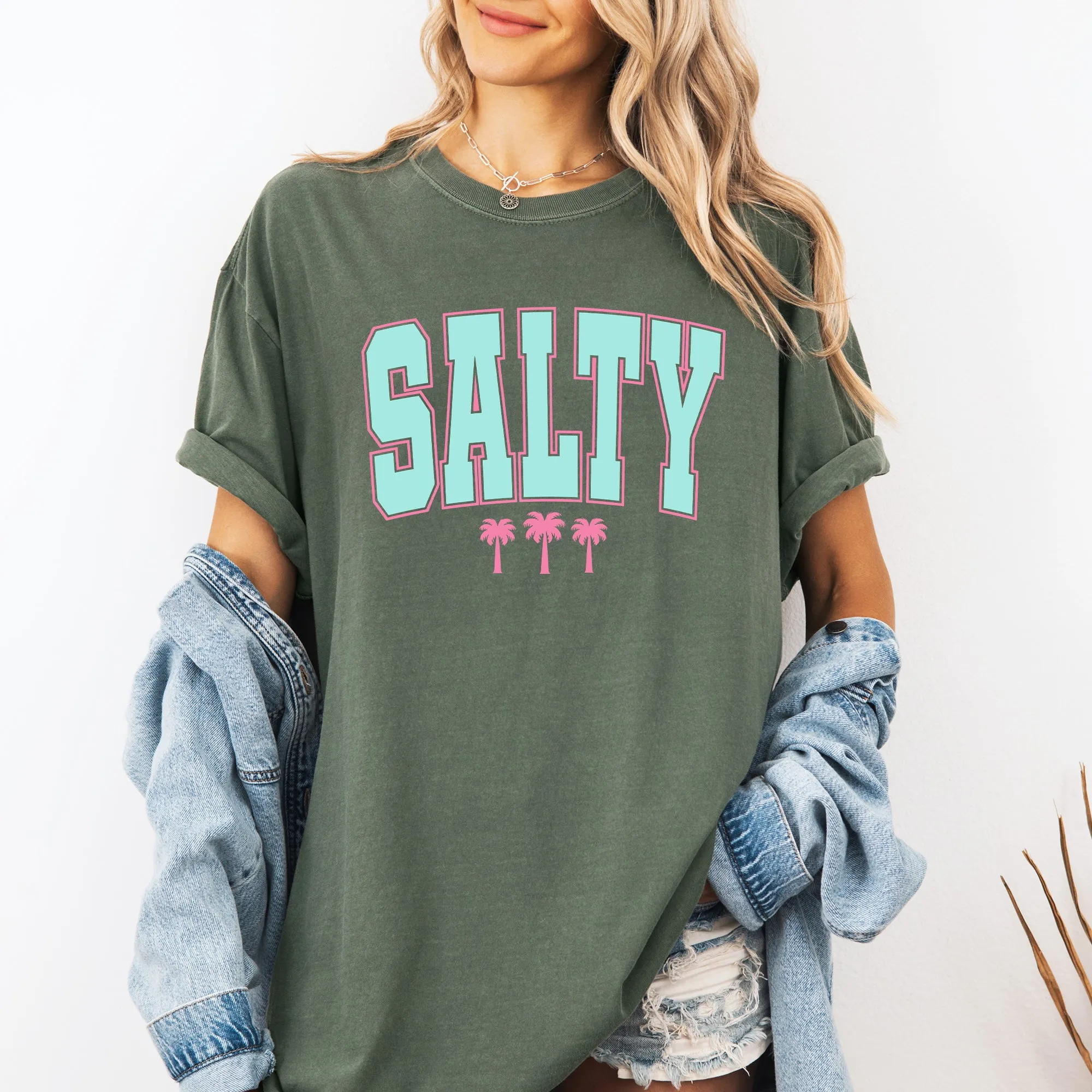 Salty, Palm Trees, Retro, Varsity, Summer, Beach, Comfort Colors T-Shirt sold by Refinery Number One product image thumbnail 5