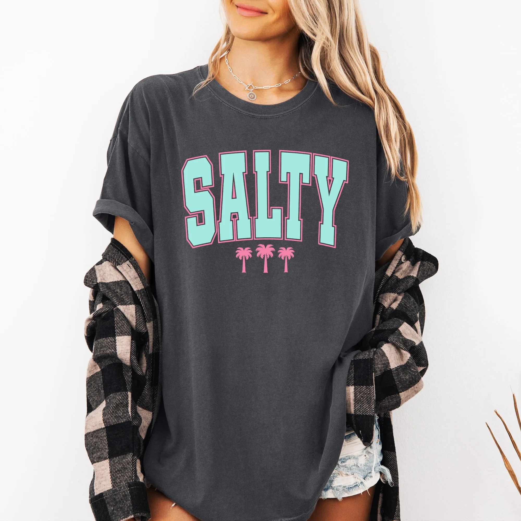 Salty, Palm Trees, Retro, Varsity, Summer, Beach, Comfort Colors T-Shirt sold by Refinery Number One