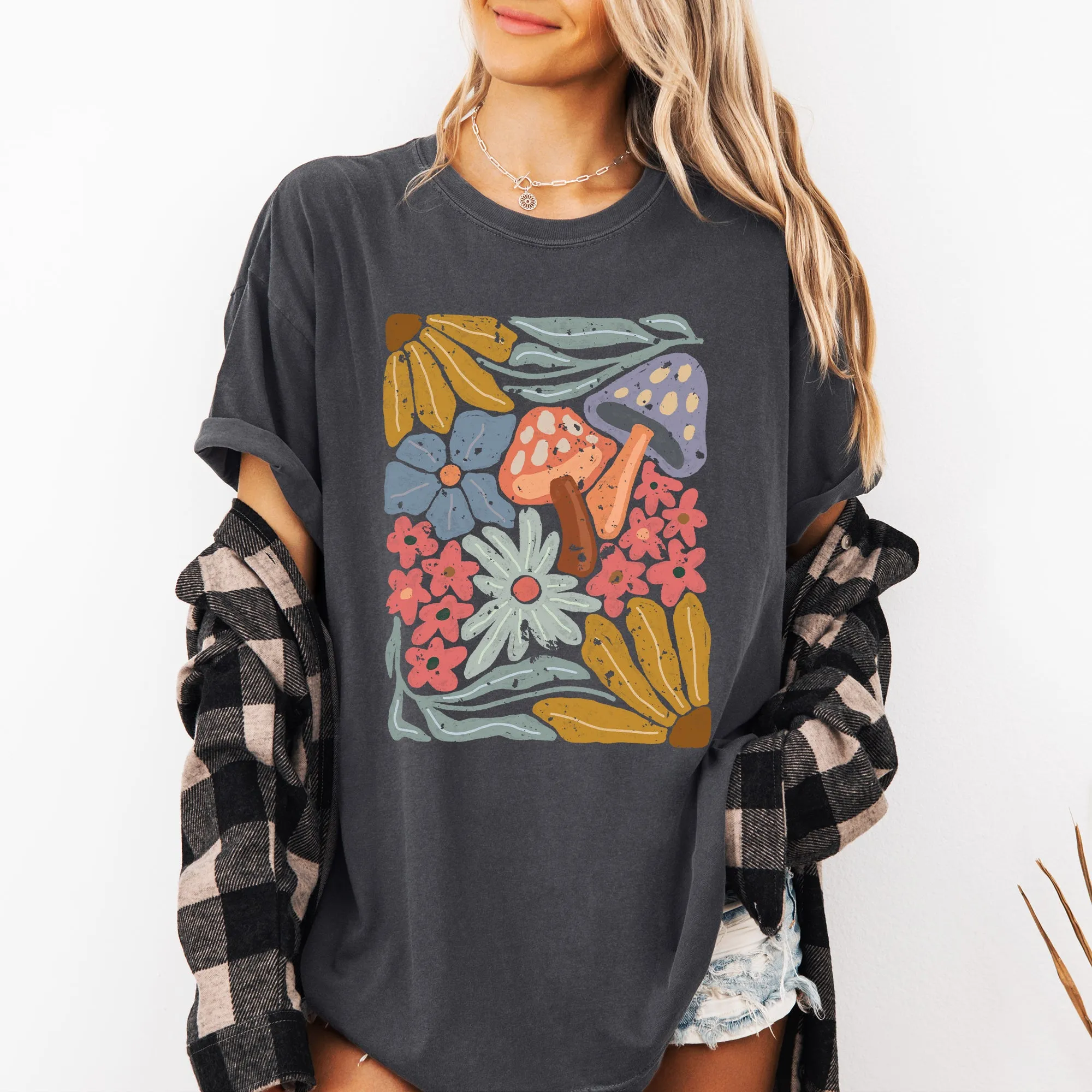 Retro Flowers, Mushrooms, Floral, Vintage, Comfort Colors T-Shirt sold by Refinery Number One product image thumbnail 2
