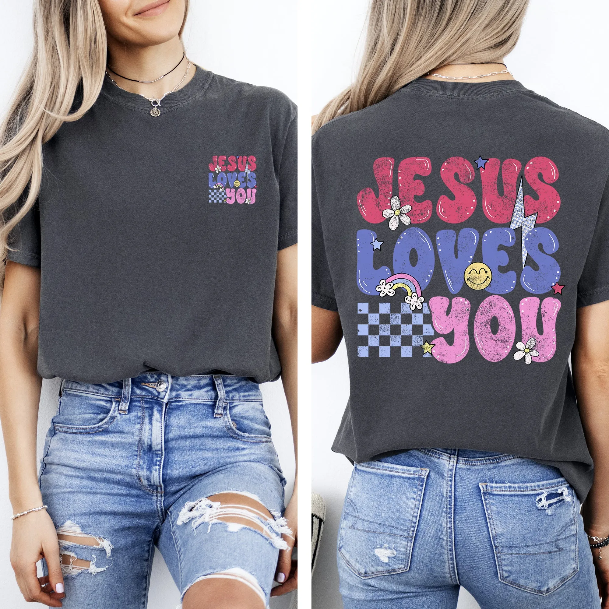 Jesus Loves You, Colorful, Positivity, Faith, Gospel, Bible, Love, Front and Back, Comfort Colors T-Shirt sold by Refinery Number One product image thumbnail 3
