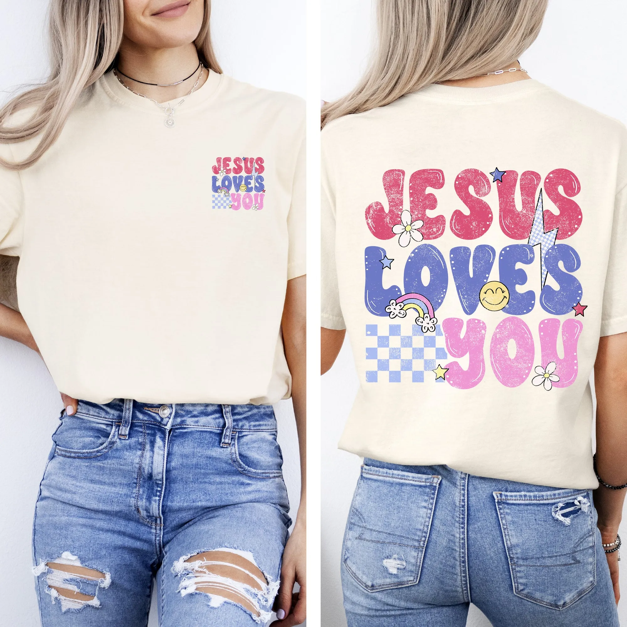 Jesus Loves You, Colorful, Positivity, Faith, Gospel, Bible, Love, Front and Back, Comfort Colors T-Shirt sold by Refinery Number One