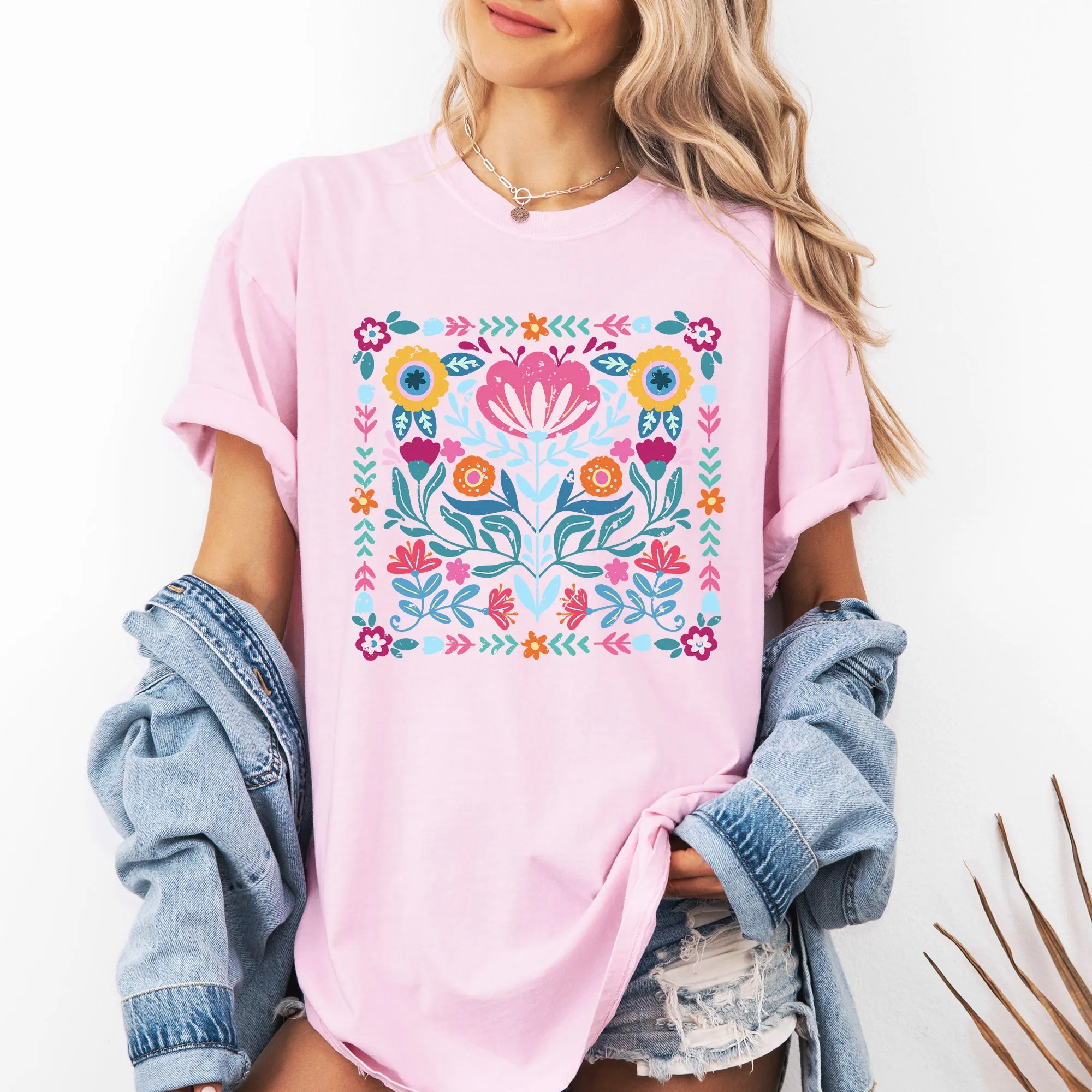 Folk Art Flowers, Summer, Floral, Retro, Comfort Colors T-Shirt sold by Refinery Number One product image thumbnail 3