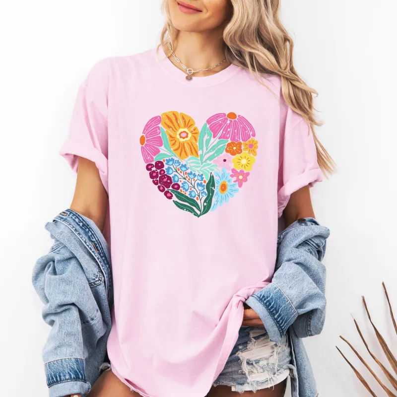 Floral Heart, Folk Art, Retro, Flowers, Comfort Colors T-Shirt sold by Refinery Number One
