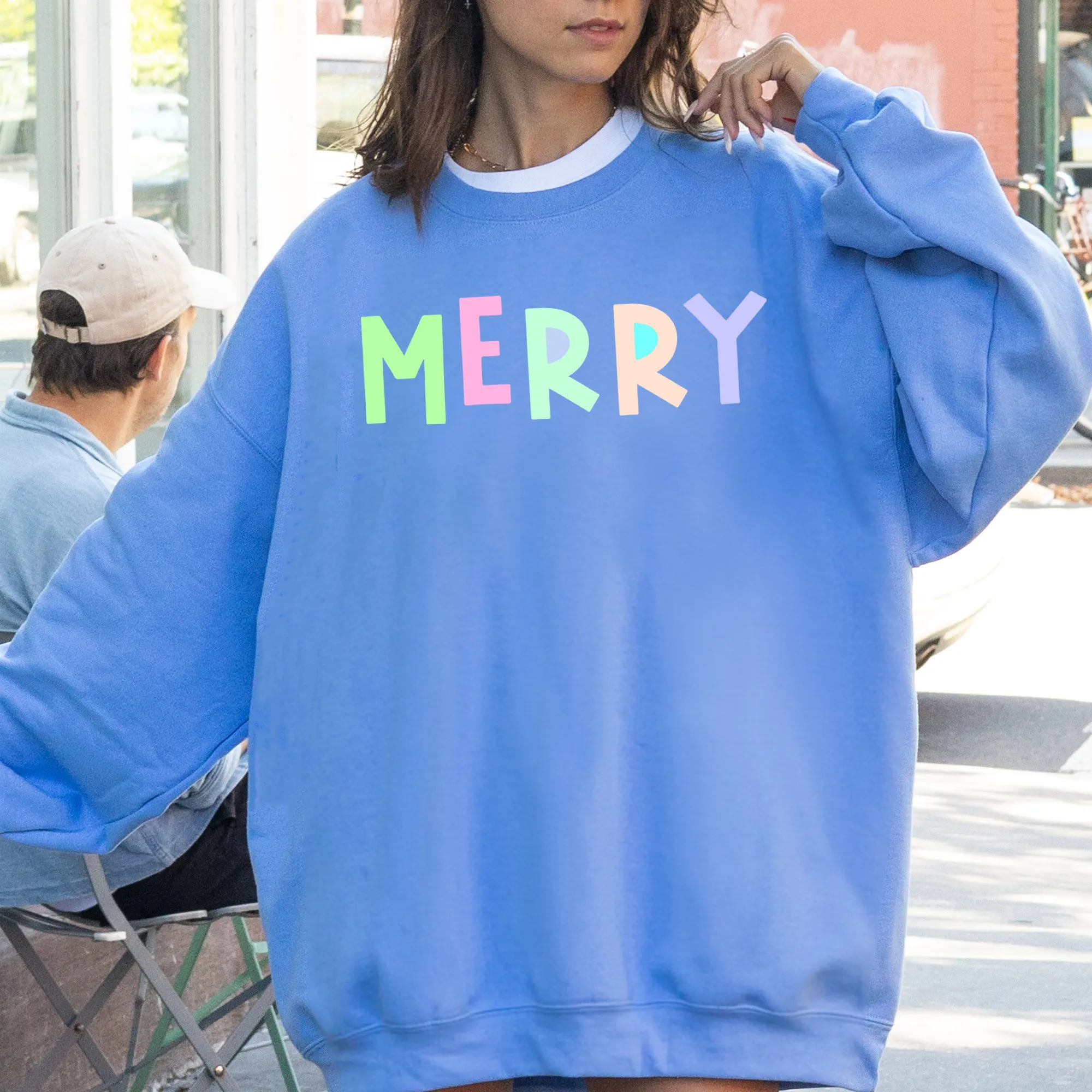 Merry Sweatshirt, Positivity, Funny, Sarcastic, Mom Gift, Mental Health, Colorful, Pastel, Crewneck, Crew Neck Sweatshirt sold by Refinery Number One product image thumbnail 5