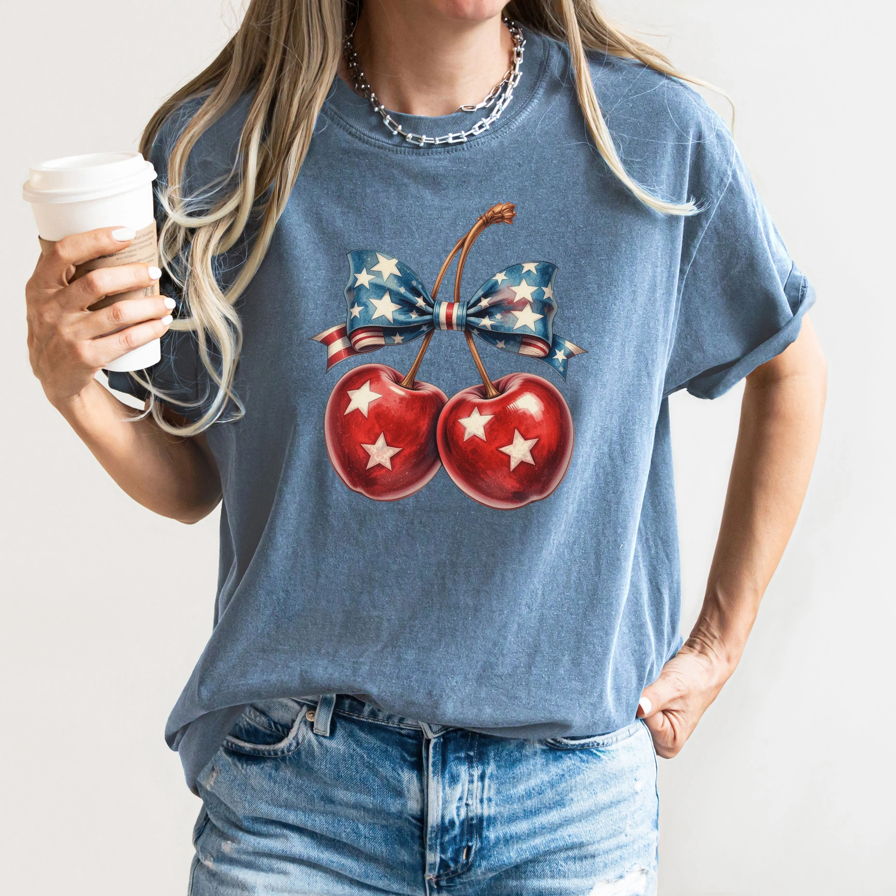 Retro Cherry, 4th of July, USA, Stars, America, Vintage, Patriotic Tshirt Comfort Colors T-Shirt sold by Refinery Number One product image thumbnail 4