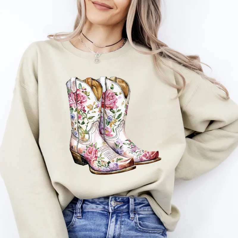 Cowgirl Boots, Pink, Floral, Colorful, Western, Country Sweatshirt sold by Refinery Number One