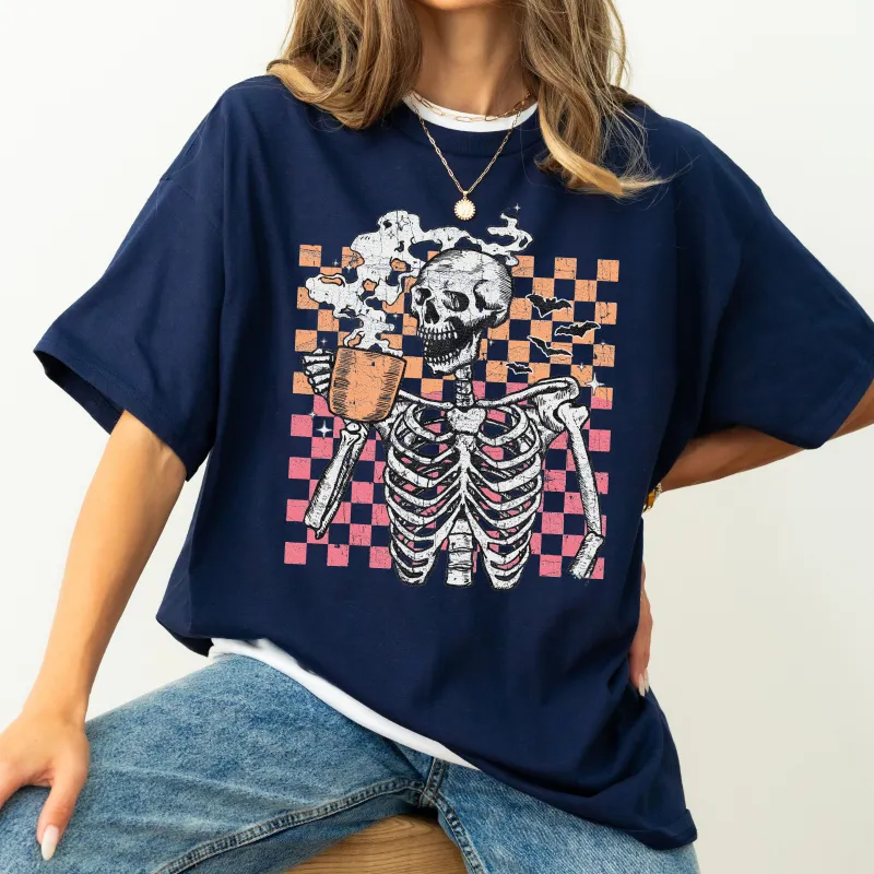 Coffee Lover Skeleton, Checkered, Mom, Retro, Aesthetic, Vintage, Comfort Colors Tshirt sold by Refinery Number One