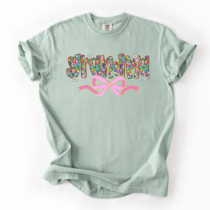 Grandma, Mother's Day, Ribbon, Bow, Floral, Flowers, Bright, Colorful, Pastels Tshirt Comfort Colors T-Shirt sold by Refinery Number One