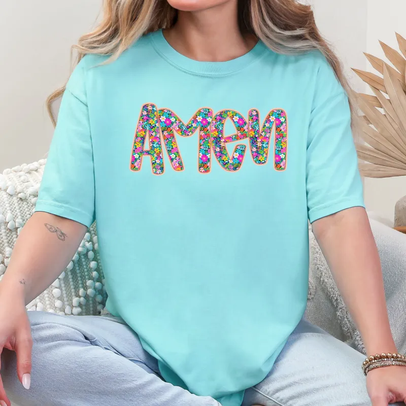 Amen, Christian, Gospel, Faith, Floral, Flowers, Bright, Colorful, Pastels Tshirt Comfort Colors T-Shirt sold by Refinery Number One