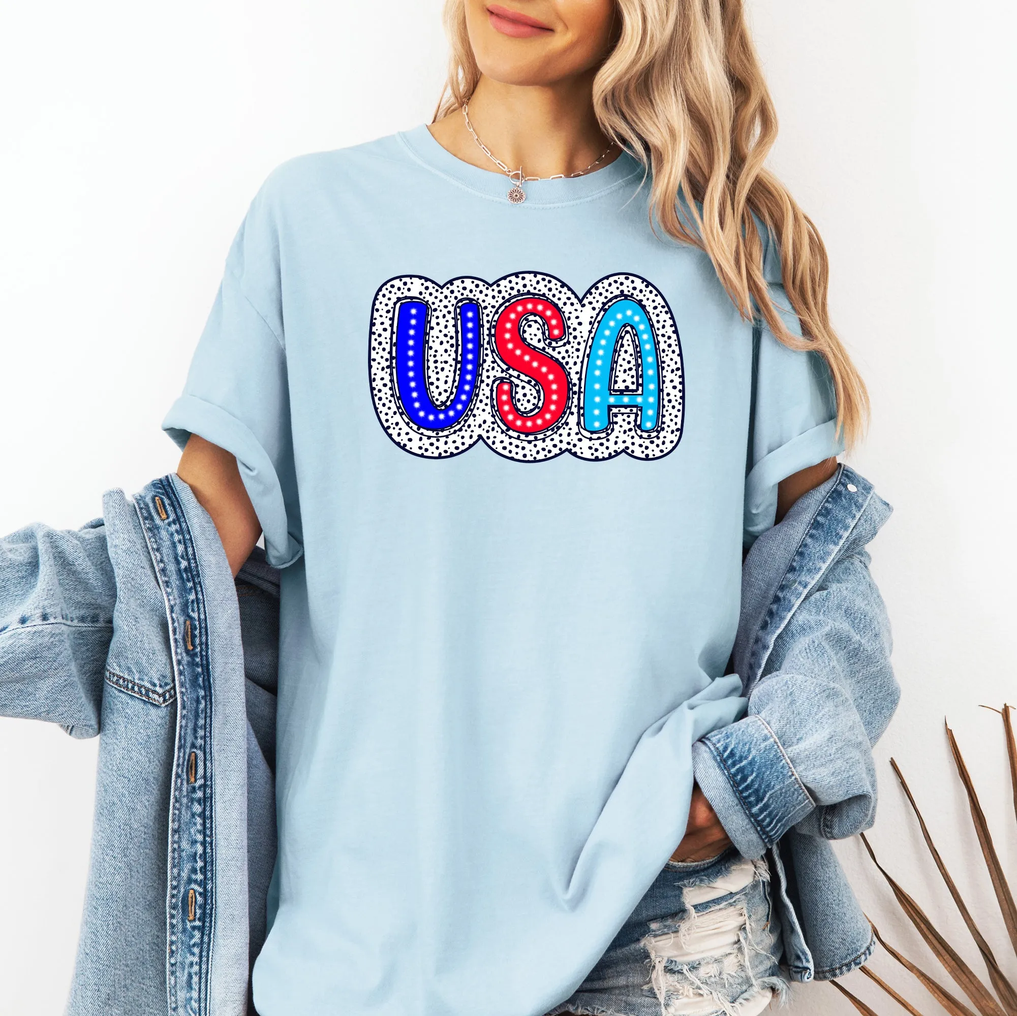 USA, Dalmatian Print, Patriotic, Red, White, Blue, America, 4th of July Tshirt Comfort Colors T-Shirt sold by Refinery Number One