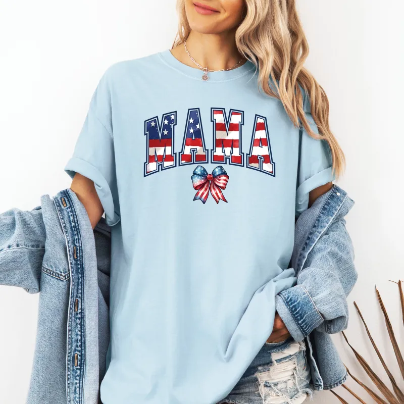 Mama, USA Flag, Patriotic, Varsity, Bow, Ribbon, America, 4th of July Tshirt Comfort Colors T-Shirt sold by Refinery Number One