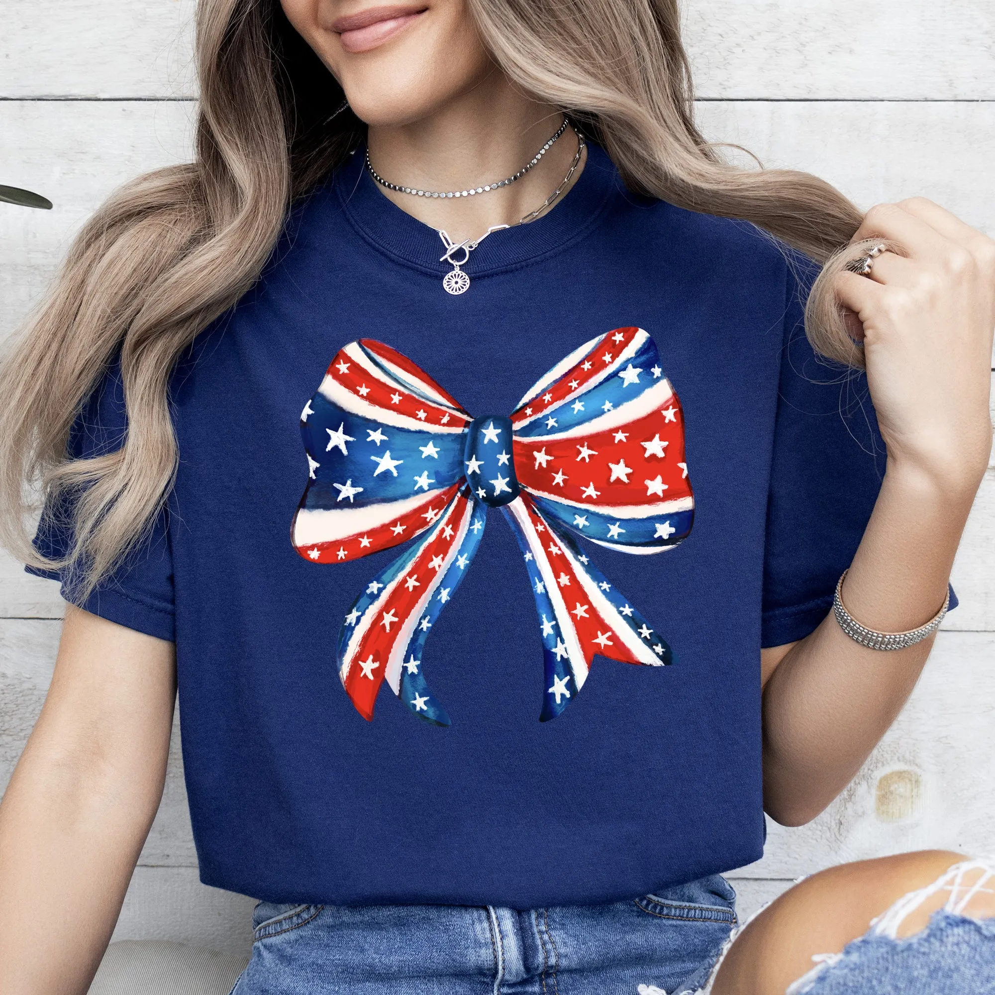 American, Bow, Red, White, Blue, Patriotic, 4th of July Tshirt Comfort Colors T-Shirt sold by Refinery Number One product image thumbnail 3