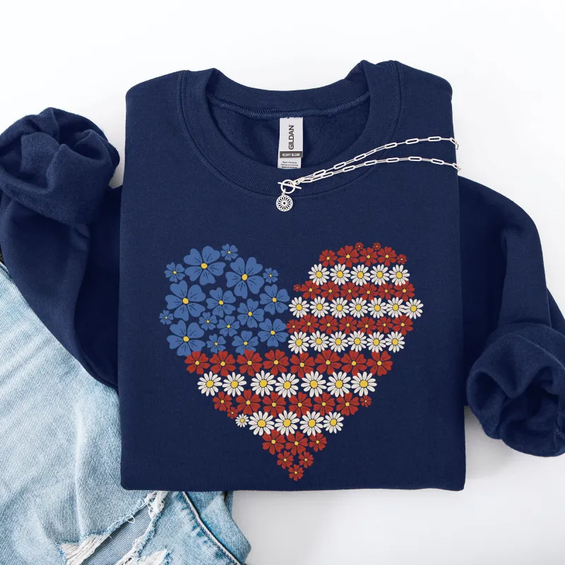 Floral Heart, Patriotic, Red White Blue, USA, America, 4th of July Sweatshirt sold by Refinery Number One