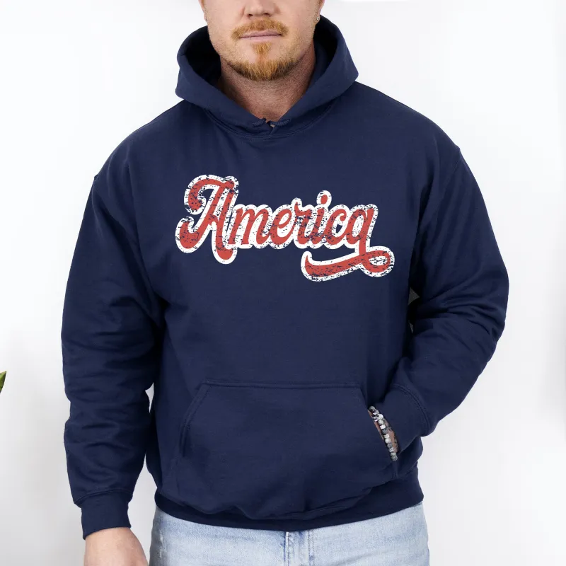 America, Red, White, Varsity, Retro, Patriotic, USA, 4th of July Hoodie, Hooded Sweatshirt sold by Refinery Number One