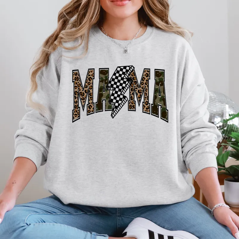 Mama, Leopard Print, Camo, Camouflage, Checkered, Lightning Bolt, Mother's Day Sweatshirt sold by Refinery Number One