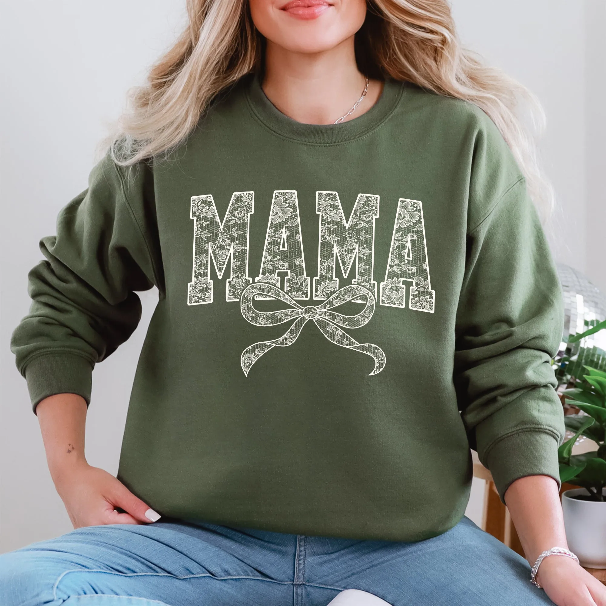 Mama, Bow, Ribbon, Faux Lace, Coquette, Varsity, Mother's Day Sweatshirt sold by Refinery Number One product image thumbnail 3