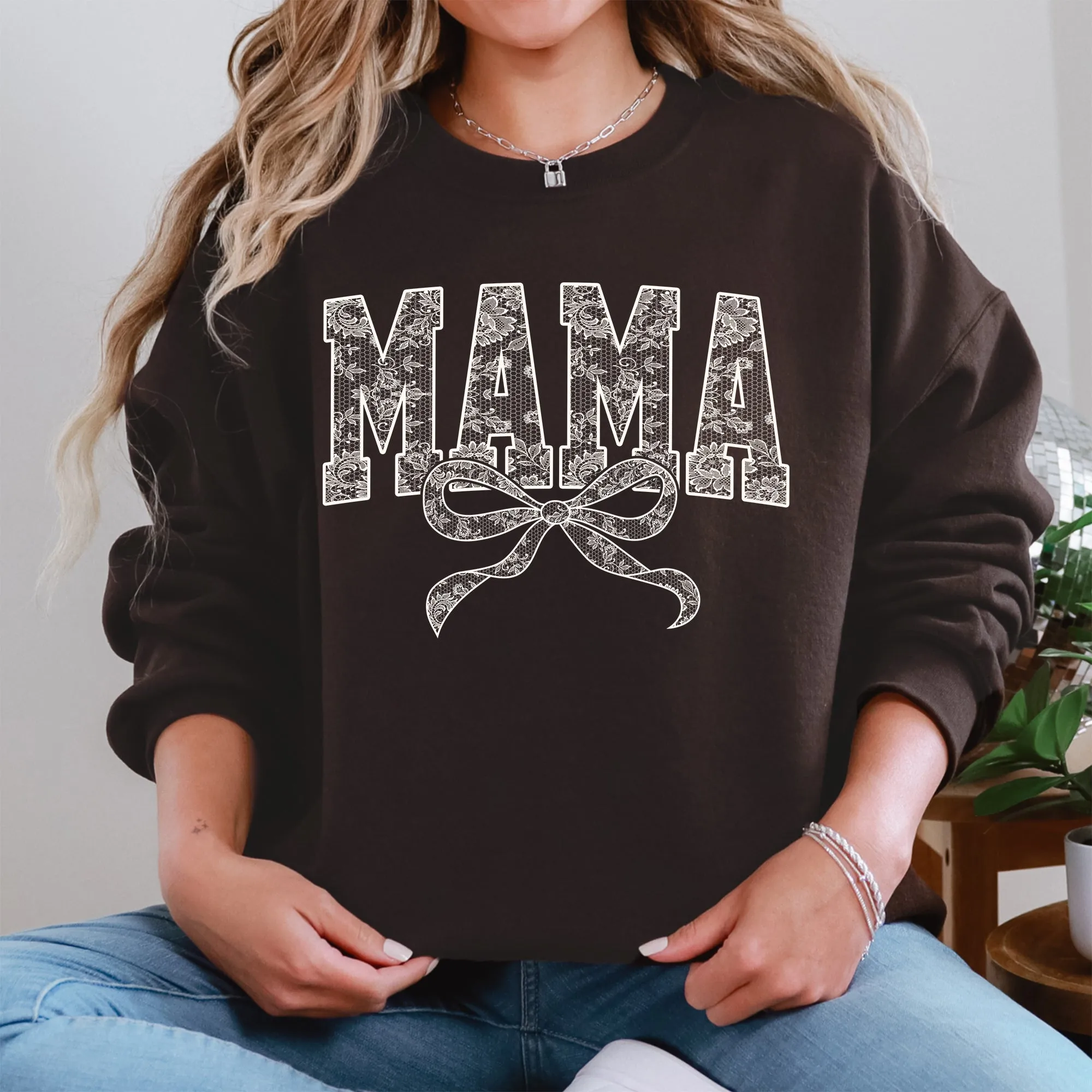 Mama, Bow, Ribbon, Faux Lace, Coquette, Varsity, Mother's Day Sweatshirt sold by Refinery Number One product image thumbnail 5