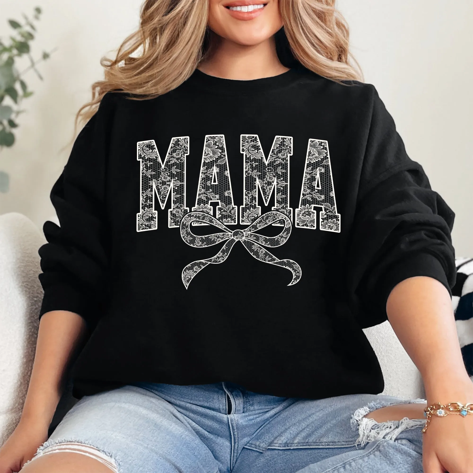 Mama, Bow, Ribbon, Faux Lace, Coquette, Varsity, Mother's Day Sweatshirt sold by Refinery Number One