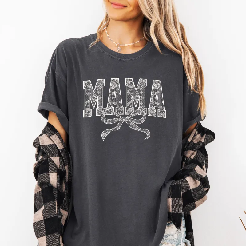 Mama, Bow, Ribbon, Faux Lace, Coquette, Varsity, Mother's Day Tshirt Comfort Colors T-Shirt sold by Refinery Number One
