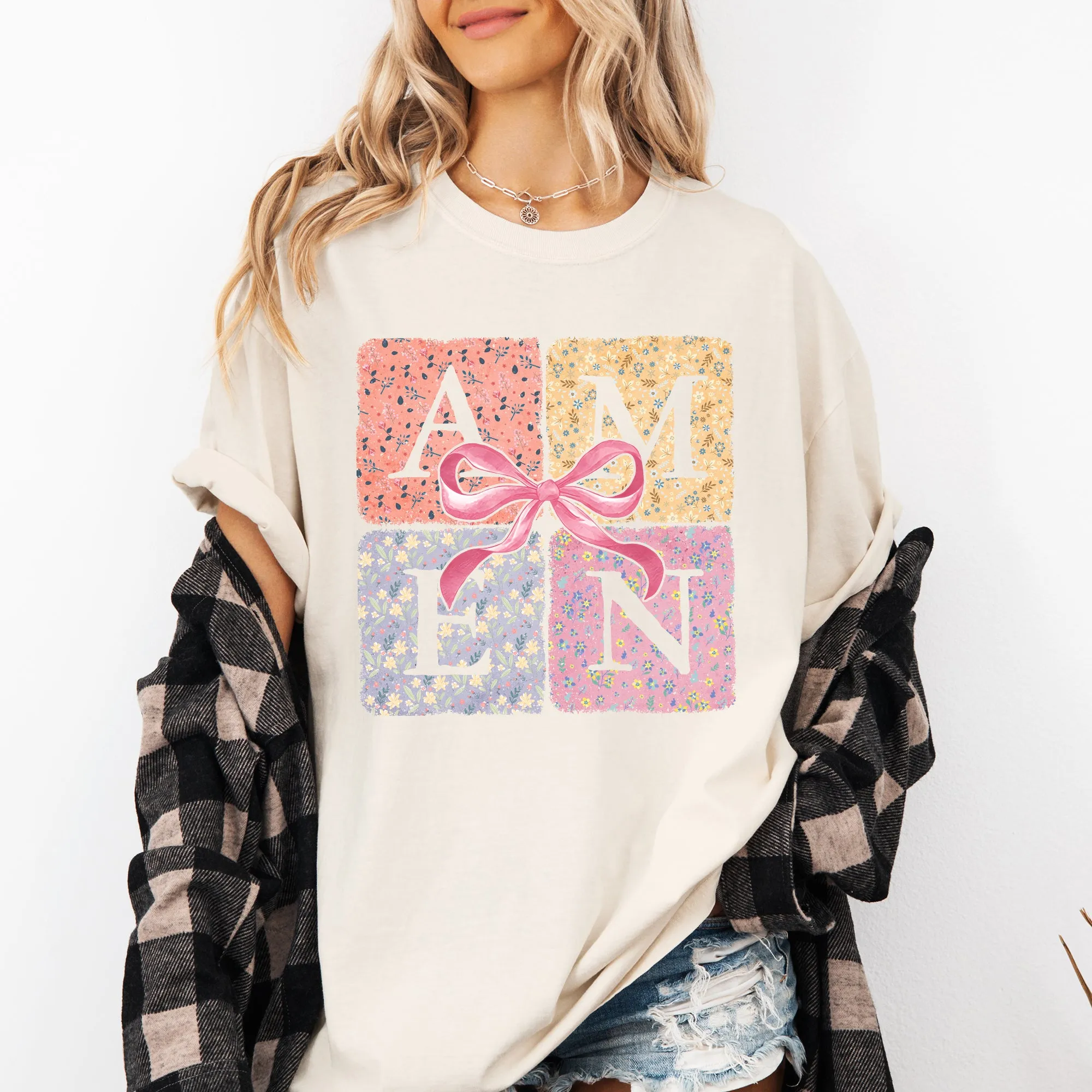 Colorful, Floral, Amen, Ribbon, Coquette, Christian, Jesus, Gospel, Faith, Saved Tshirt Comfort Colors T-Shirt sold by Refinery Number One product image thumbnail 3
