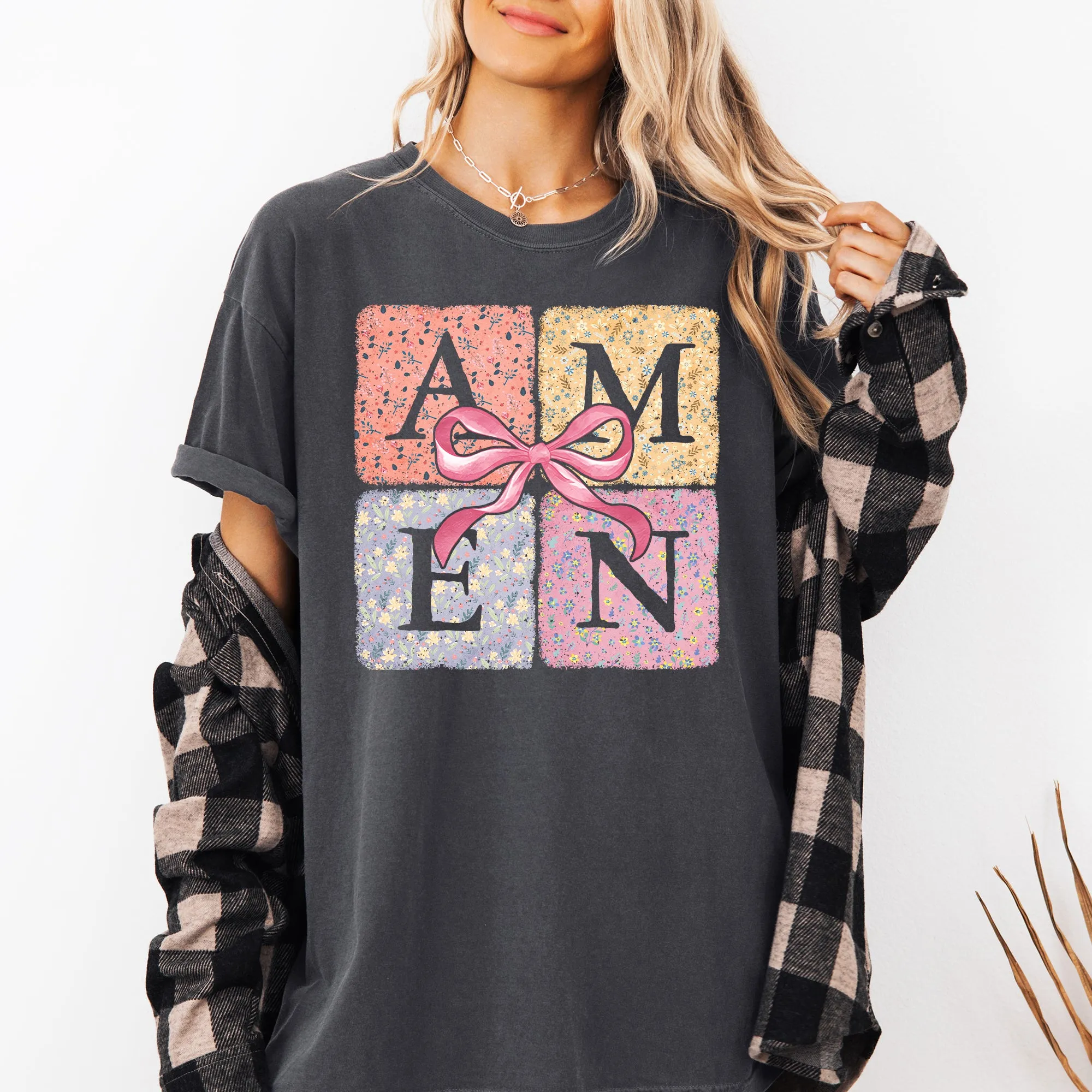 Colorful, Floral, Amen, Ribbon, Coquette, Christian, Jesus, Gospel, Faith, Saved Tshirt Comfort Colors T-Shirt sold by Refinery Number One