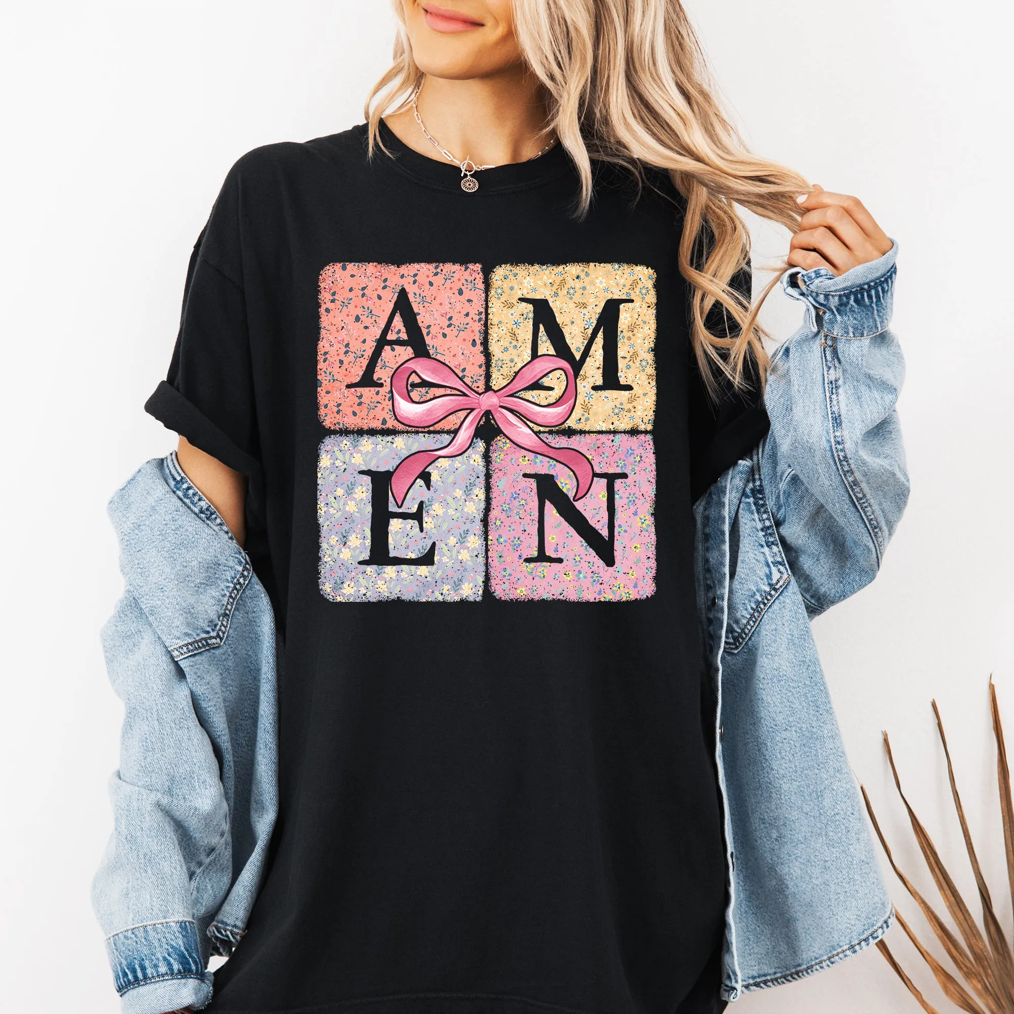 Colorful, Floral, Amen, Ribbon, Coquette, Christian, Jesus, Gospel, Faith, Saved Tshirt Comfort Colors T-Shirt sold by Refinery Number One product image thumbnail 2