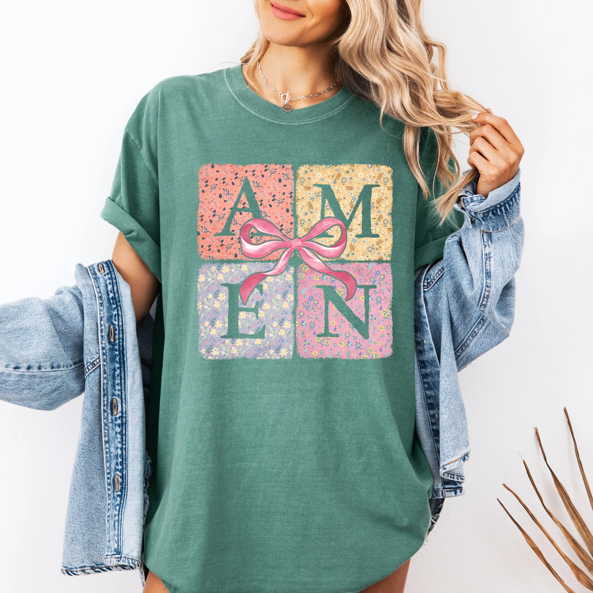 Colorful, Floral, Amen, Ribbon, Coquette, Christian, Jesus, Gospel, Faith, Saved Tshirt Comfort Colors T-Shirt sold by Refinery Number One product image thumbnail 4