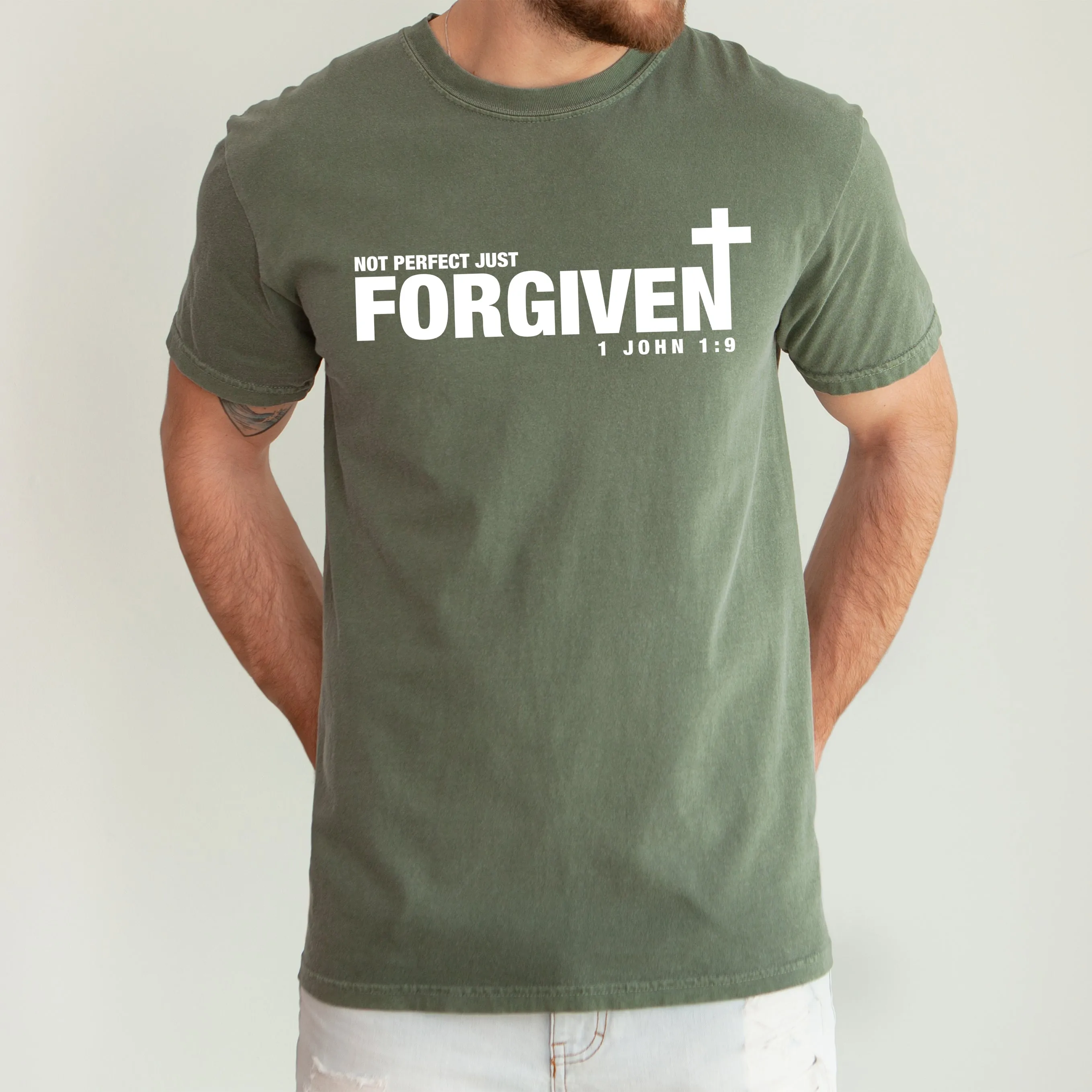 Not Perfect, Just Forgiven, John, Jesus, Christian, Religious, Gospel, Faith Tshirt Comfort Colors T-Shirt sold by Refinery Number One