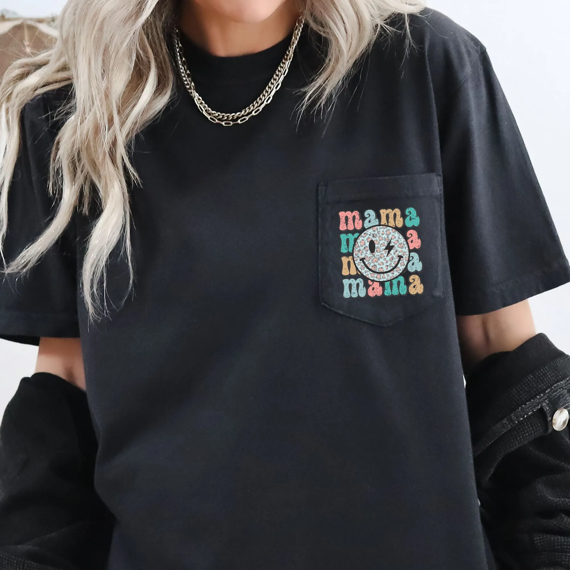 Retro Mama, Smiley Face, Leopard Print, Pocket Tee Comfort Colors T-Shirt sold by Refinery Number One product image thumbnail 3